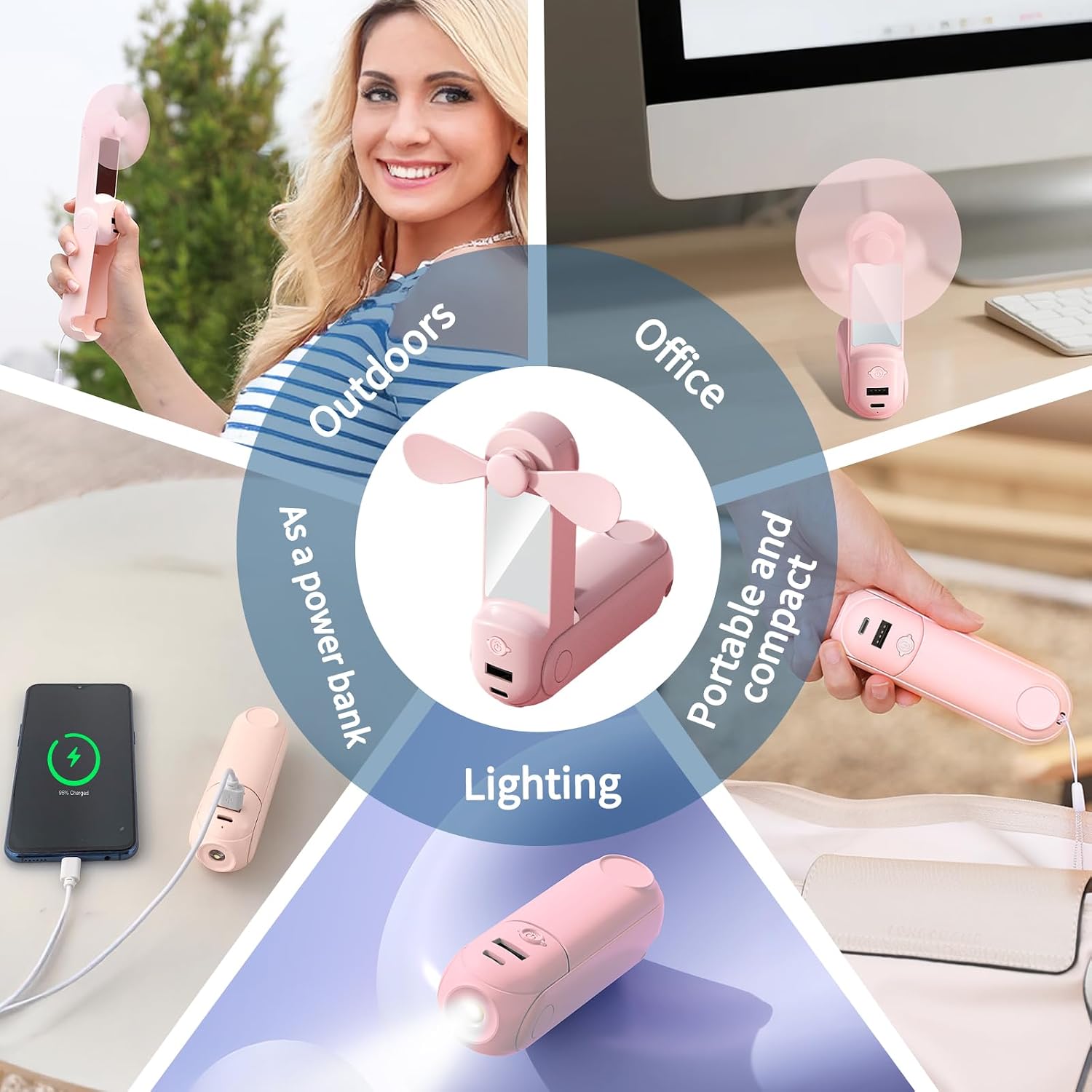 CNMTCCO Handventilator 5-in-1 Akku USB mit Powerbank Taschenlampe Spiegel Rosa