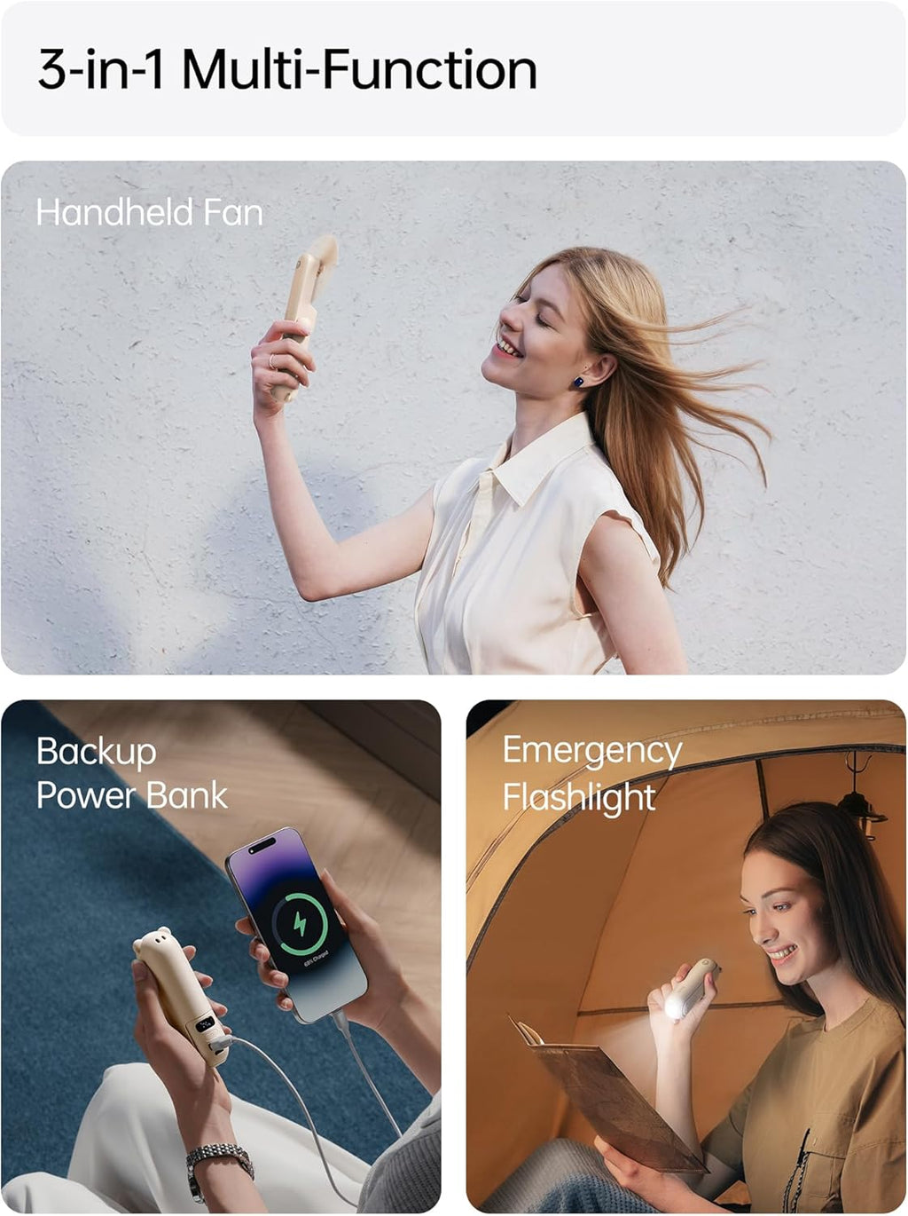 JISULIFE Mini Handventilator braun mit Powerbank LED-Anzeige Taschenlampe 24h
