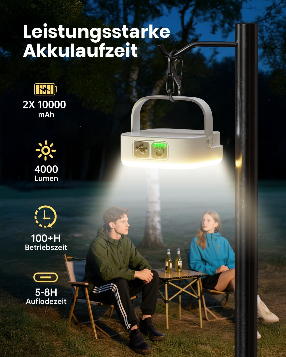 Eventek Campinglampe 4000 Lumen 10000 mAh Akku, IP65 Aufladbar, 4 Modi, 2er-Set