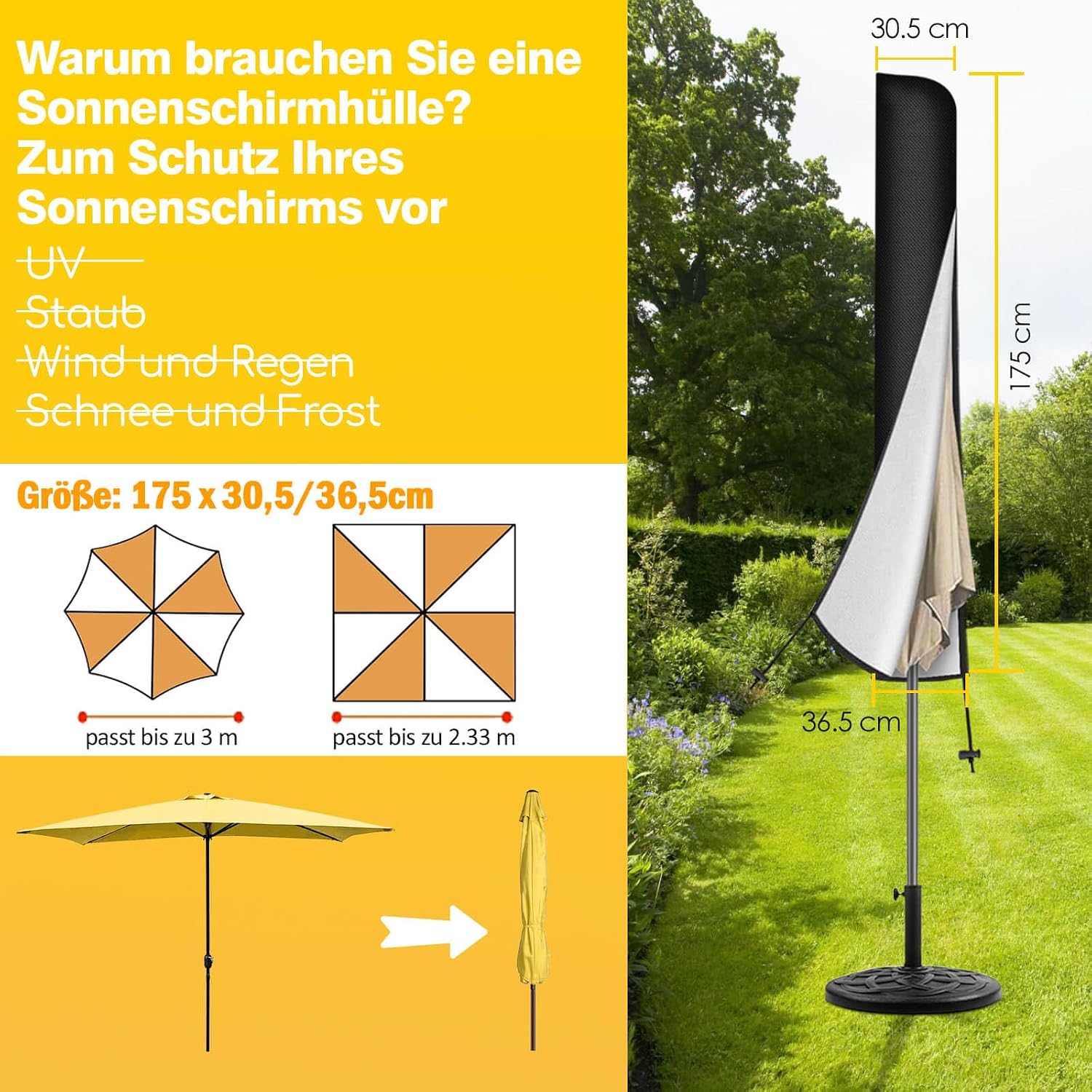 Reinalin Schutzhuelle fuer Sonnenschirm mit Stab 175×30,5/36,5 cm 27cm-50cm