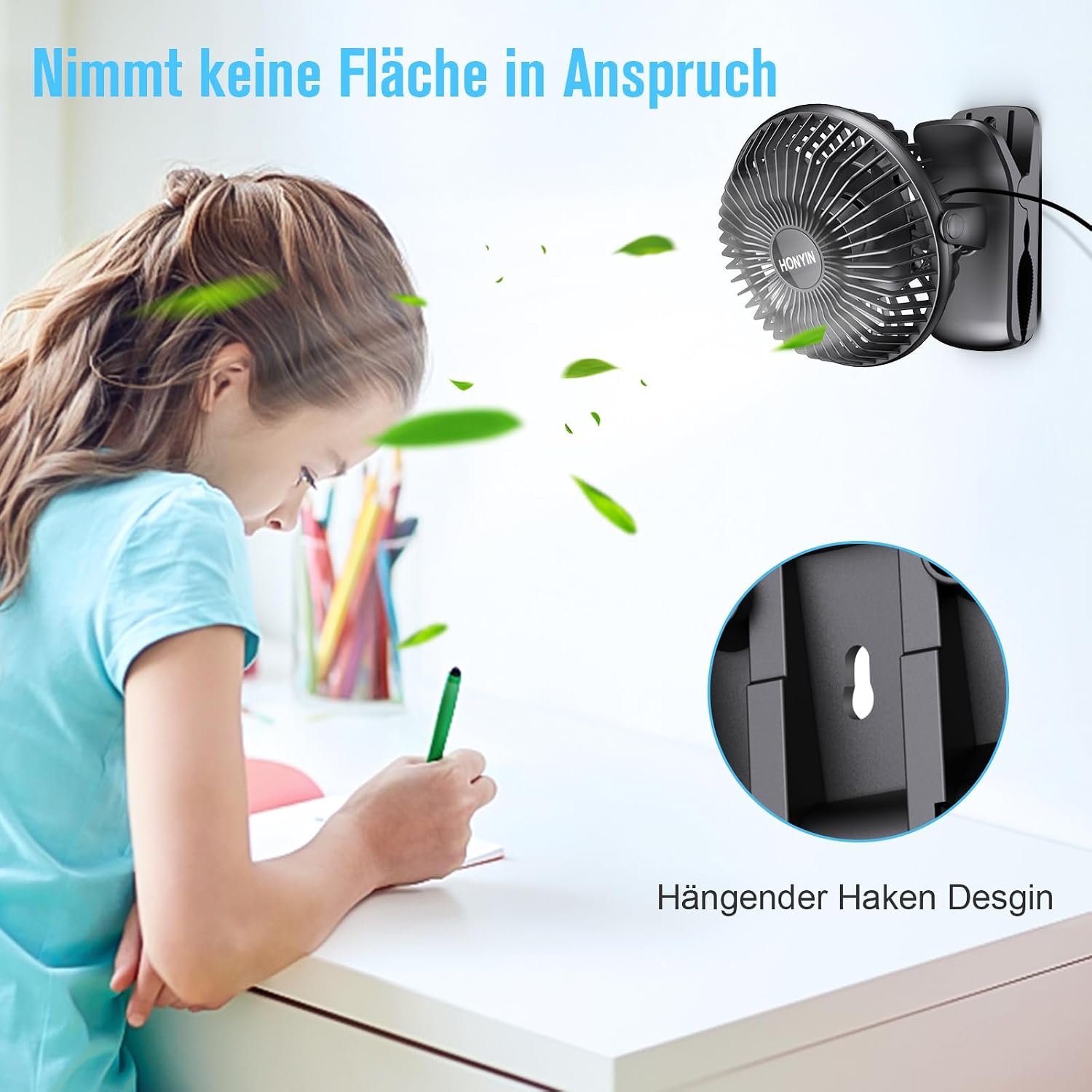 HONYIN Mini Ventilator mit Clip 720° drehbar USB 3 Stufen starke Klammer