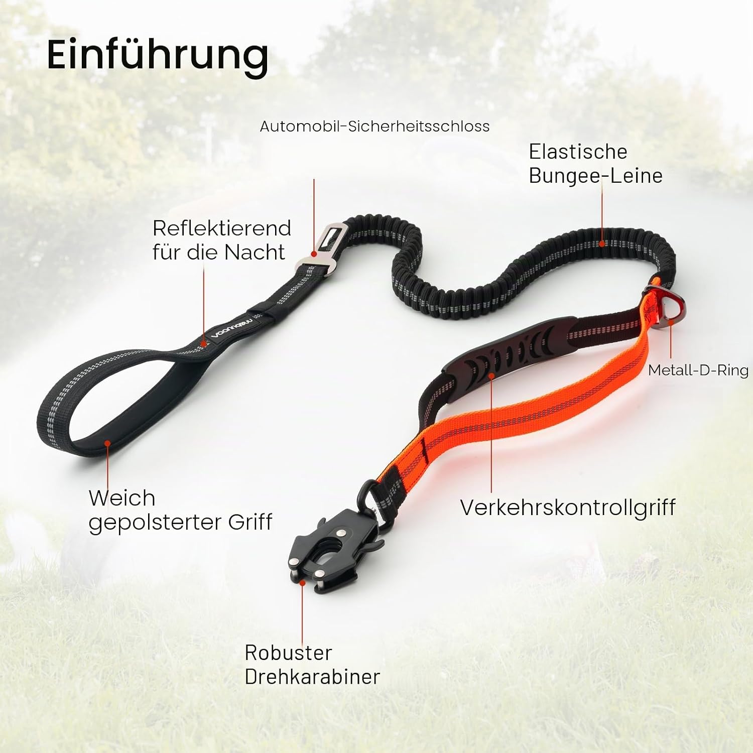Taktische Hundeleine 1,2-1,8 m mit Schnellverschlusskarabiner reflektierend