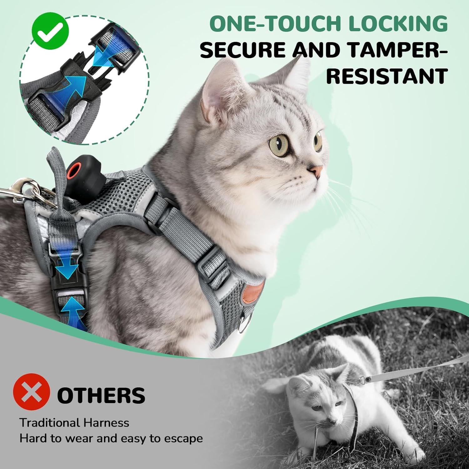 Katzengeschirr verstellbar mit Leine S-L, ausbruchsicher, reflektierend, atmungs
