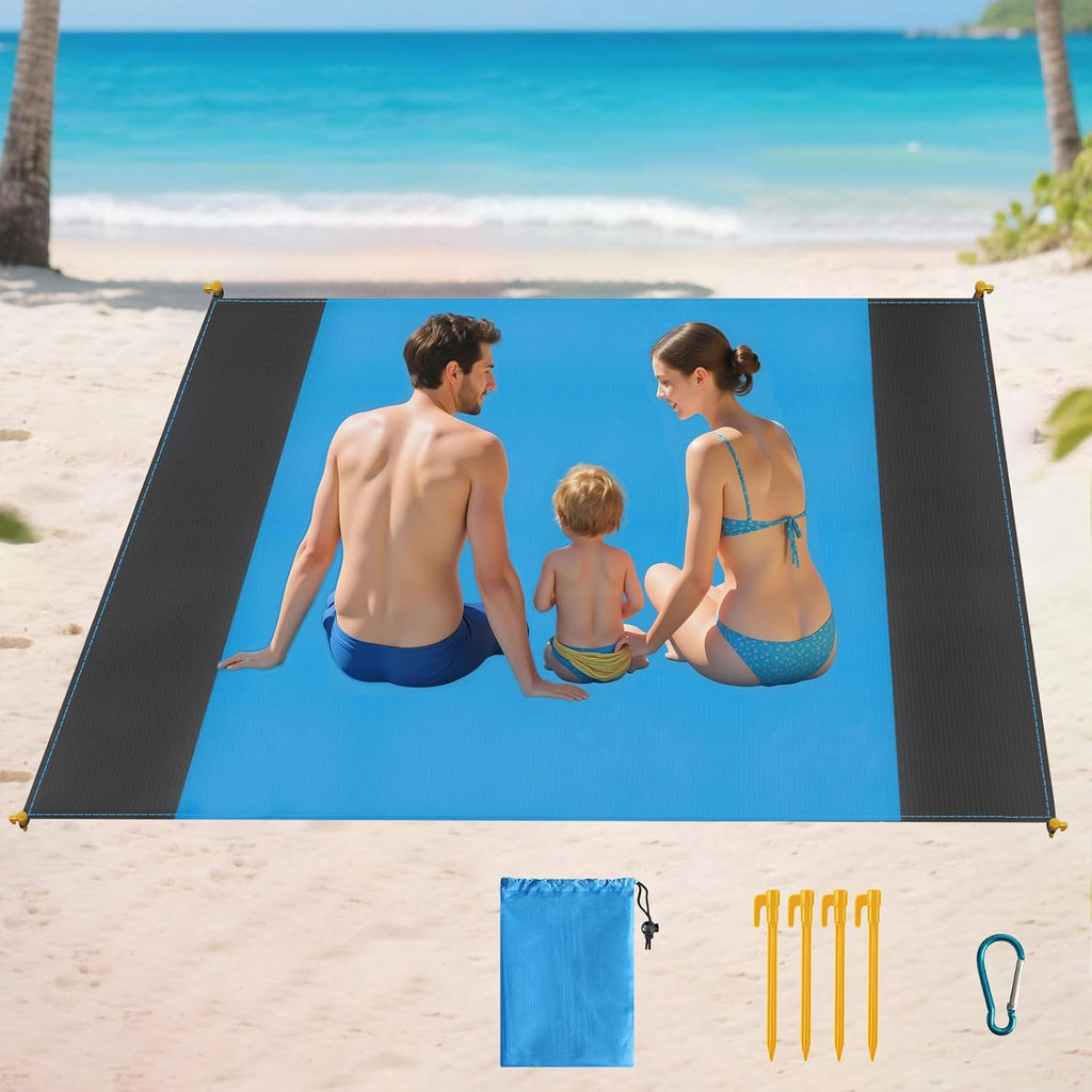 Stranddecke sandfrei 210×200 cm wasserdicht mit 4 Erdheringen hellblau