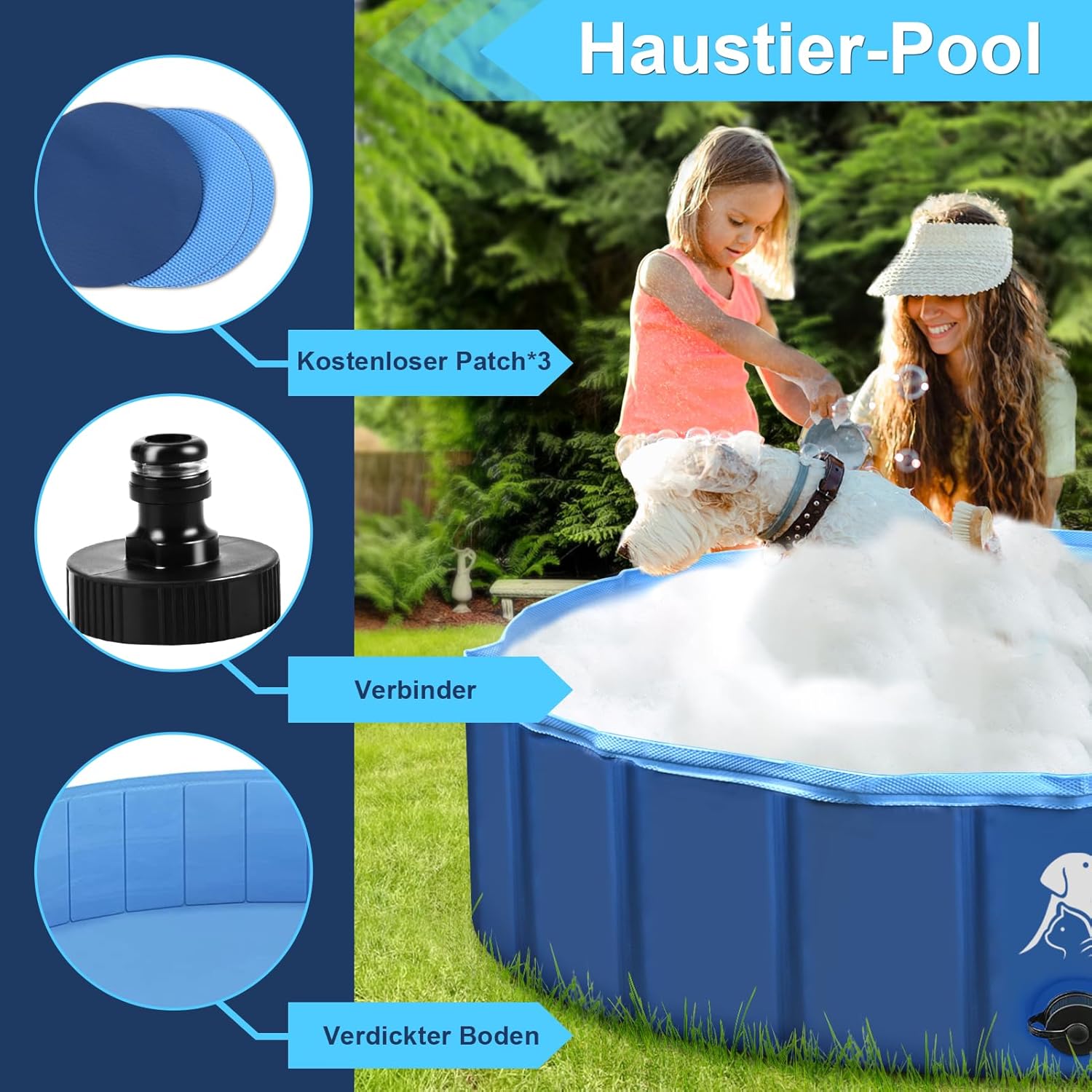 Fwiull Hundepool faltbar 120x30 cm - rutschfester Hundebadewanne Pool blau 80cm