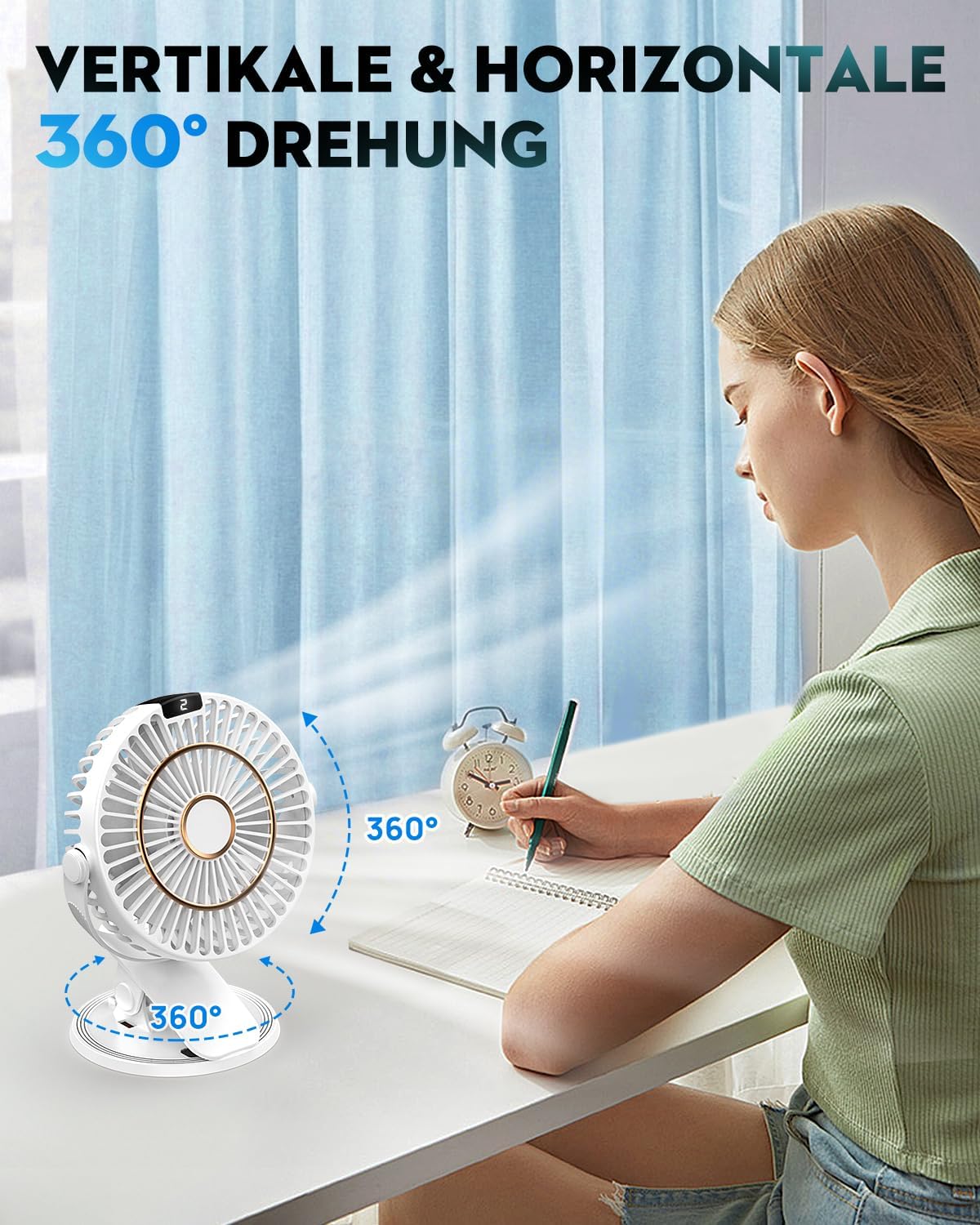 COZII 16cm USB Clip Tischventilator leise 5 Stufen 720° drehbar mit LED