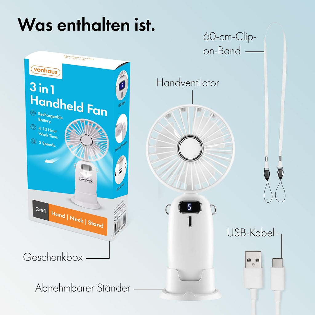 VonHaus Mini USB Ventilator 5 Stufen 90° faltbar mit 60 cm Band Weiss