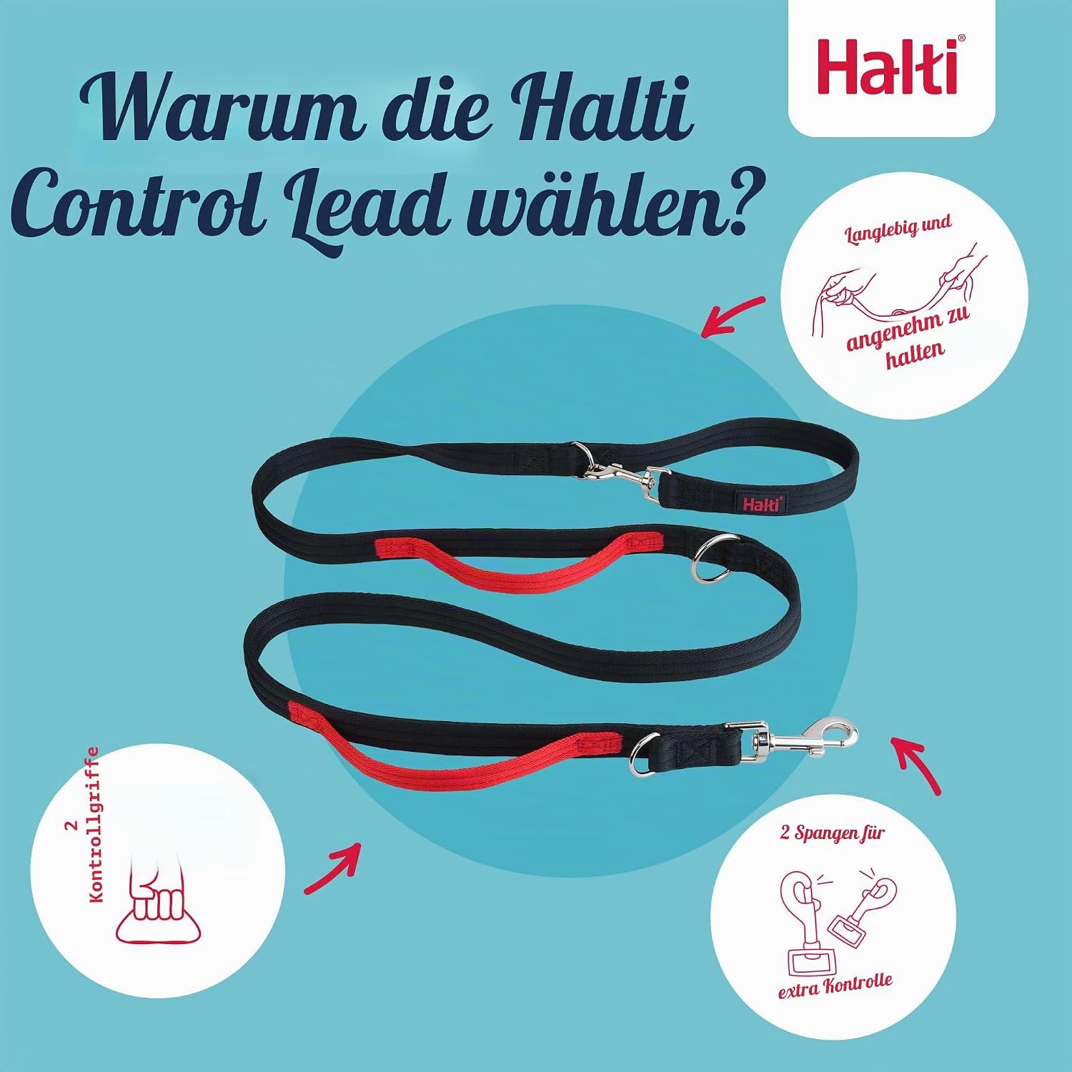 Halti Control Hundeleine 2 m Schwarz Neopren gepolstert mit 2 Griffen