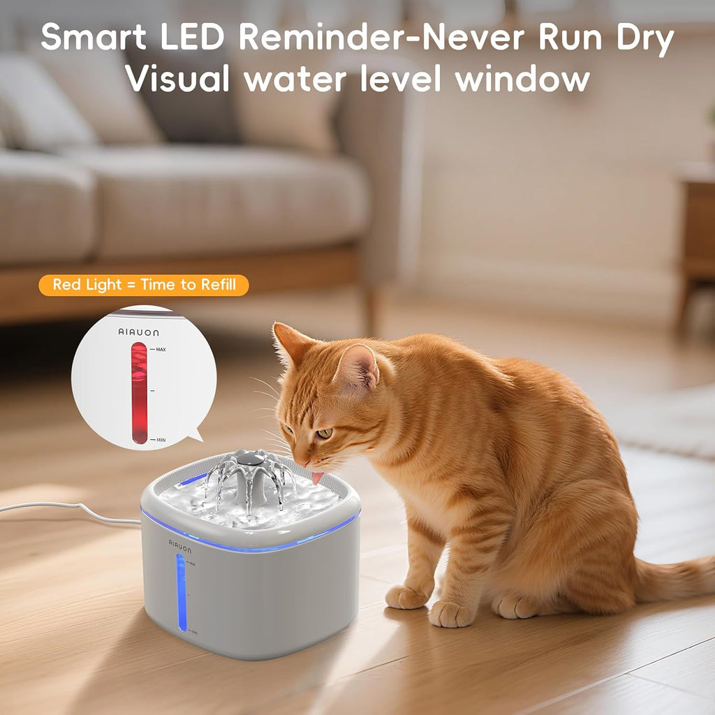 Katzen Trinkbrunnen leise mit LED Wasserstand und 2 Ersatzfiltern Weiss