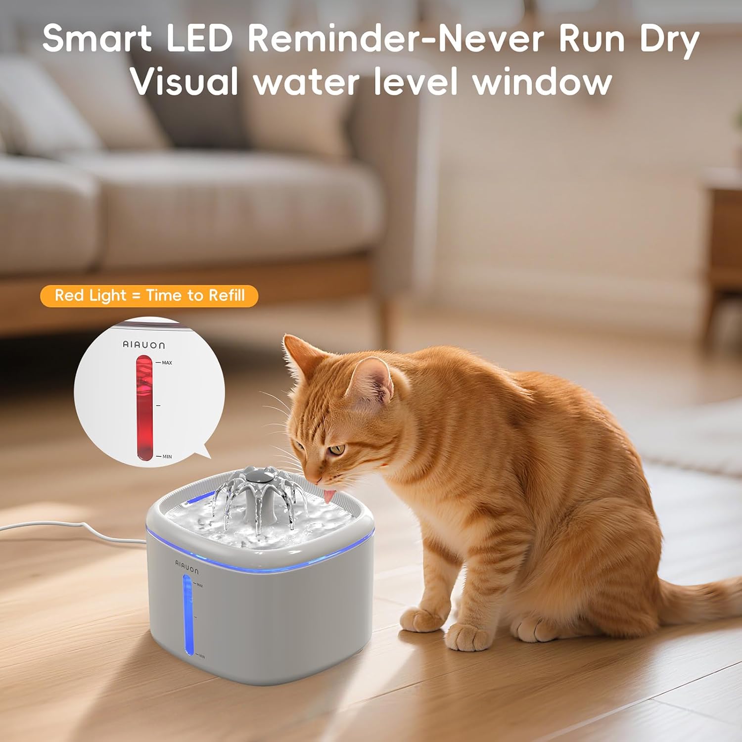 Katzen Trinkbrunnen leise mit LED Wasserstand und 2 Ersatzfiltern Weiss