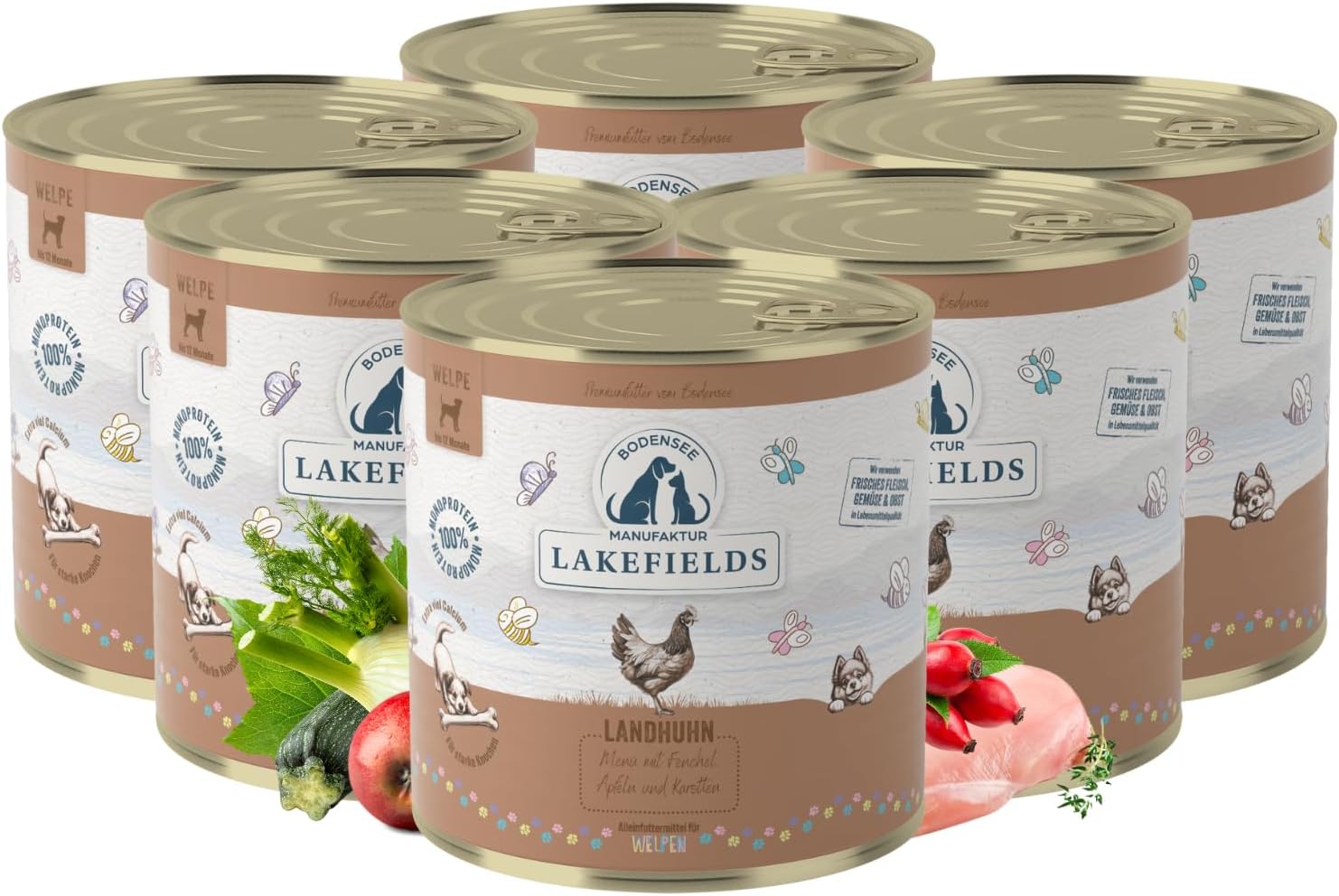 Lakefields Welpenfutter Nass Huhn 61% 6x800g verschiedene Sorten getre