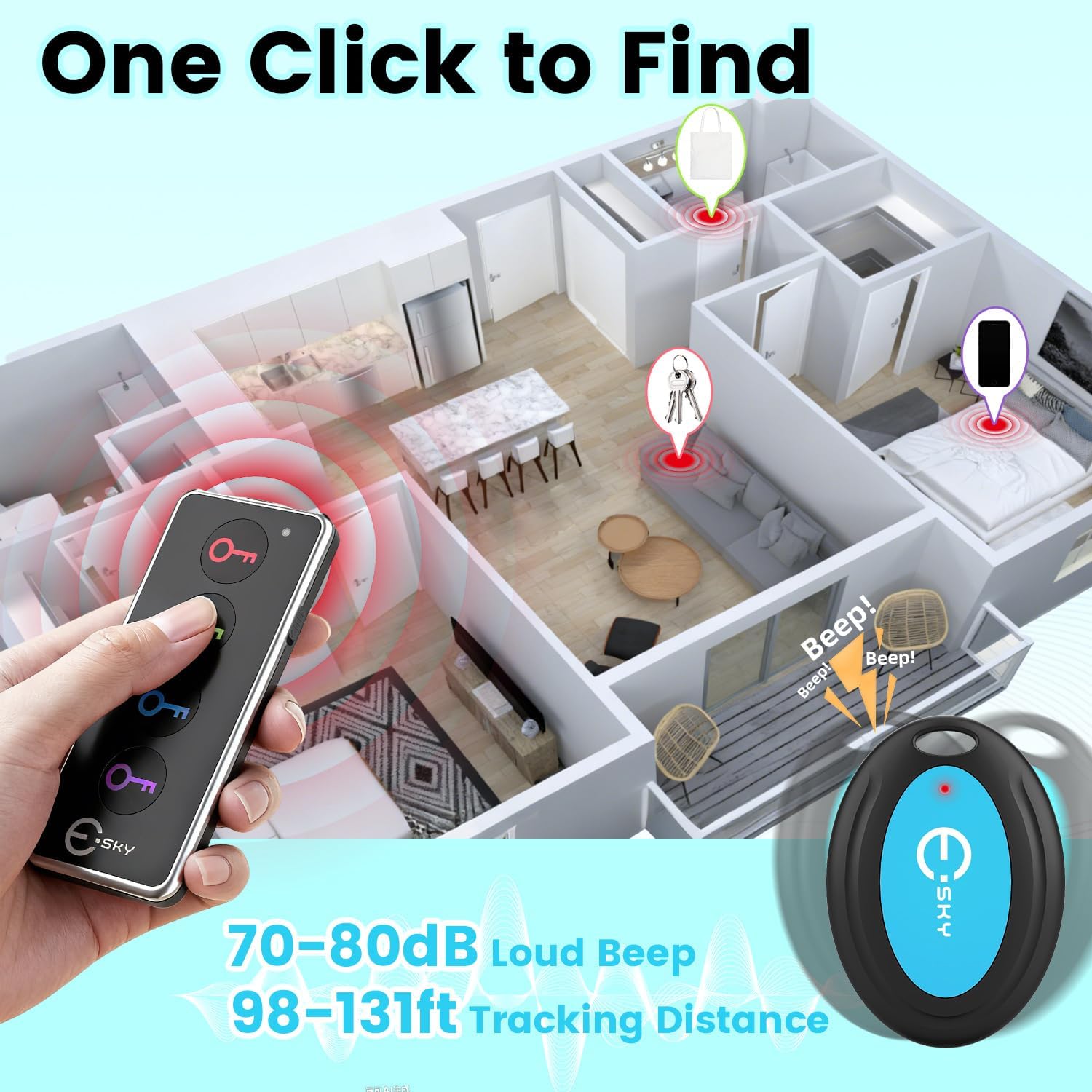 RF Schluesselfinder mit Pfeife und LED, Set mit 4 Empfaengern