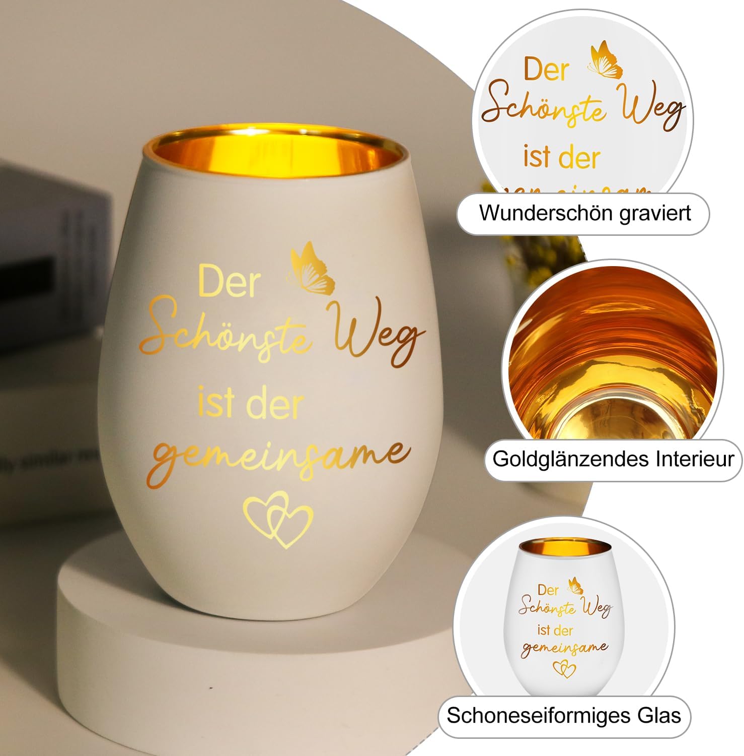 Windlicht Glas mit Gravur ‚Der schoenste Weg ist der gemeinsame‘ Geschenk Paar