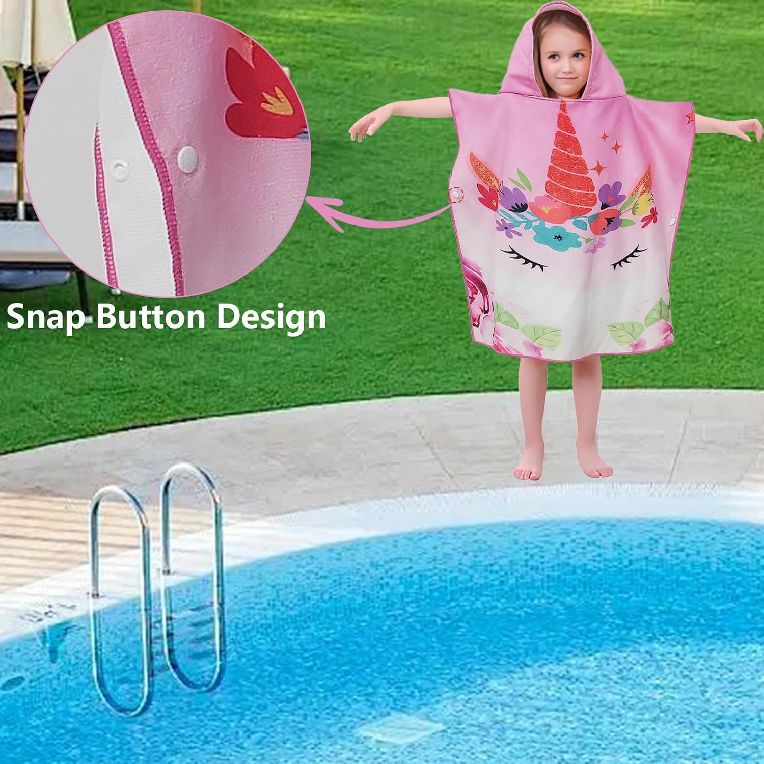 Badeponcho Kinder Mikrofaser mit Kapuze und Druckknoepfen, saugfaehig, Rosa Blumen