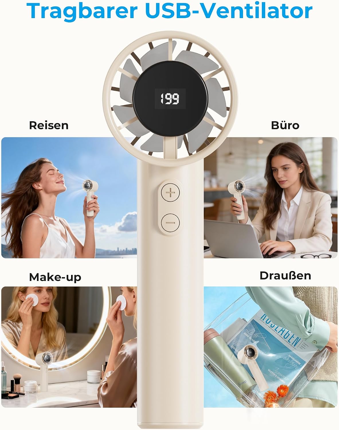 Handventilator Mini USB mit Akku, LED Display, 1-199 Stufen, bis 13 Std, Schwarz