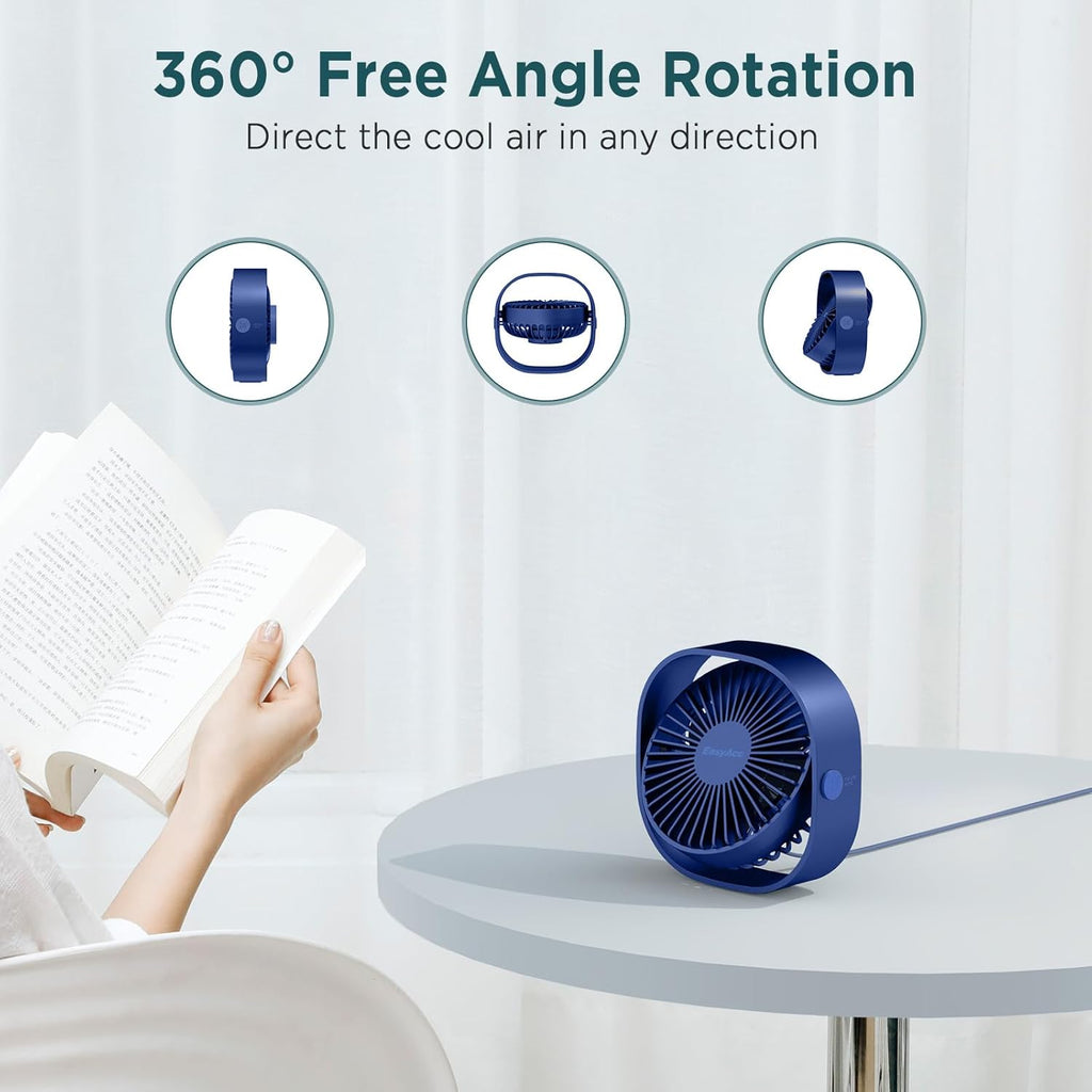 EasyAcc USB Tischventilator blau, leise, 3 Geschwindigkeiten, 360° Dreh
