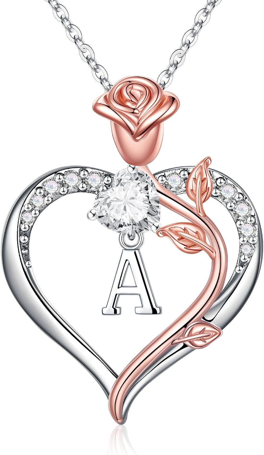 TINGN Rosen-Herz Halskette 14K Weissgold mit Zirkonia und Gravur Initialen