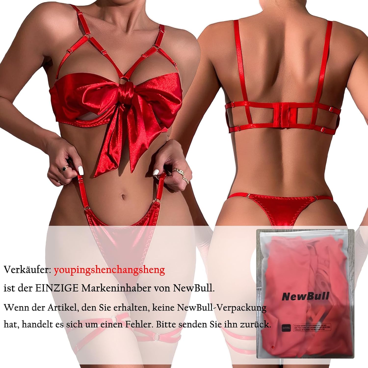 Damen Dessous-Set Sexy Satin Strapsen Hohl BH mit Schleife S-XL