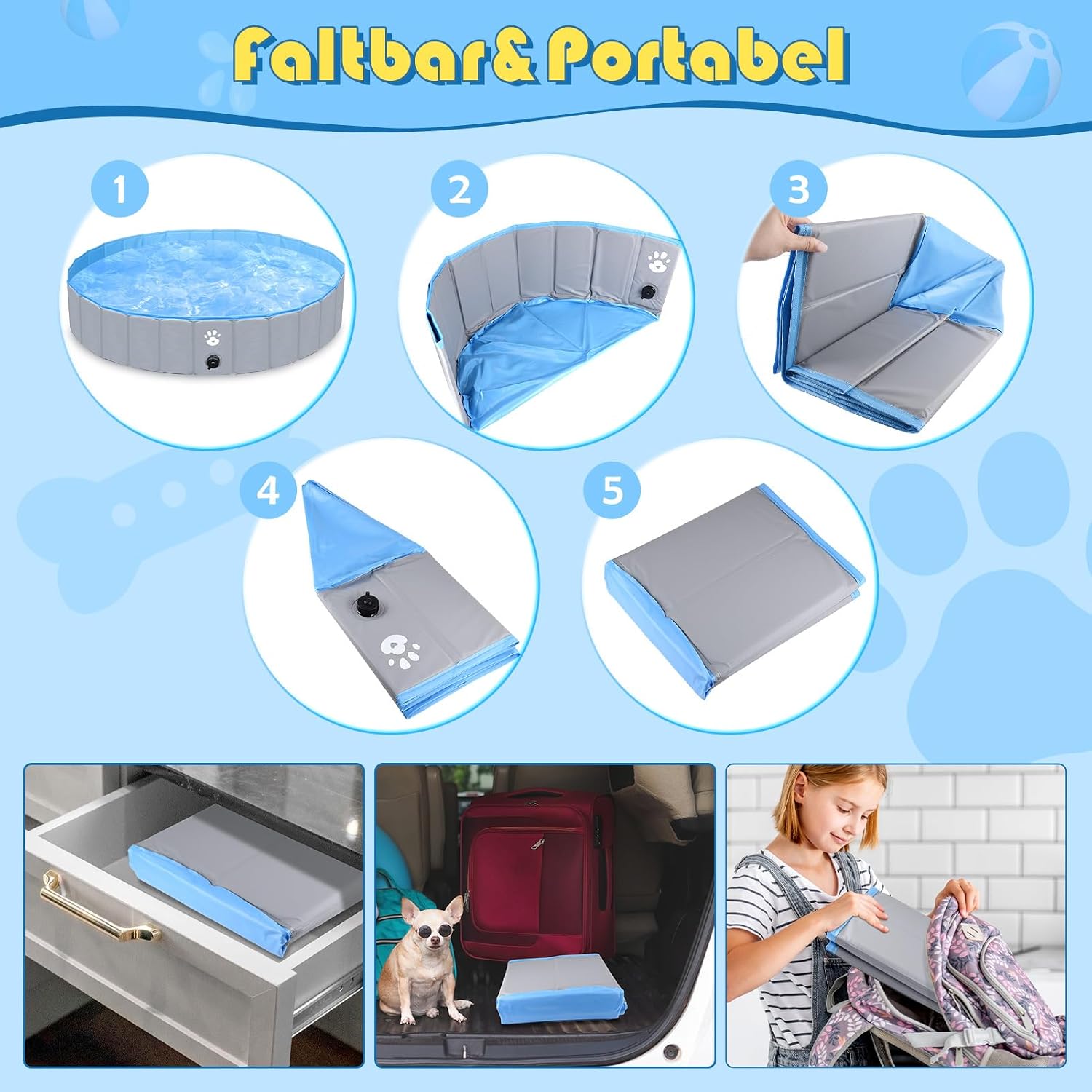 Gindoly Hundepool faltbar 160 x 30 cm rutschfest abriebfest Planschbecken