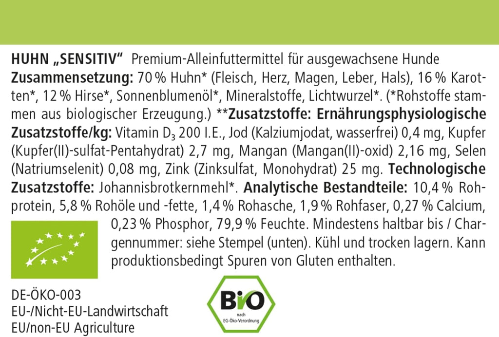 defu Bio Hundefutter Sensitiv Huhn Nassfutter Menues 12x410g verschiede