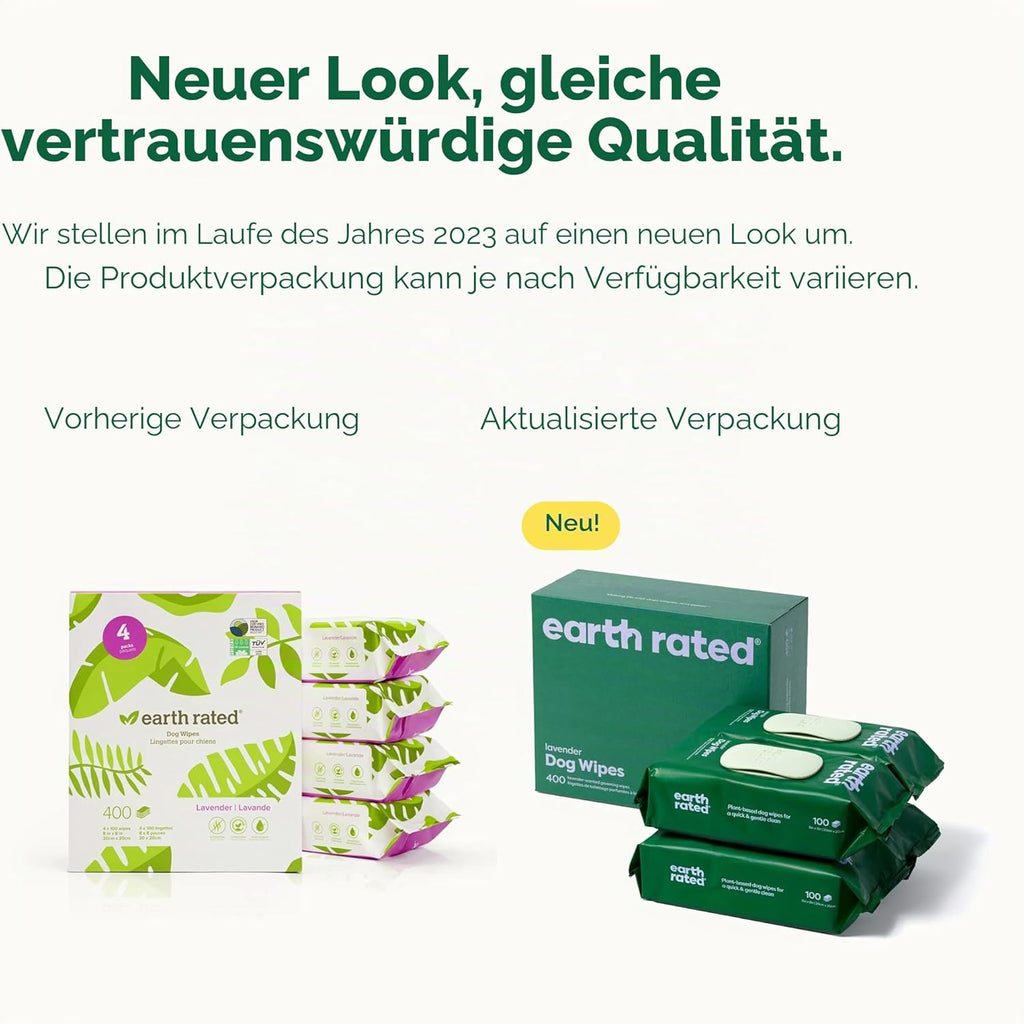 Earth Rated Pflegetuecher fuer Hunde Lavendel Duft 400 Stueck dicke Tuecher
