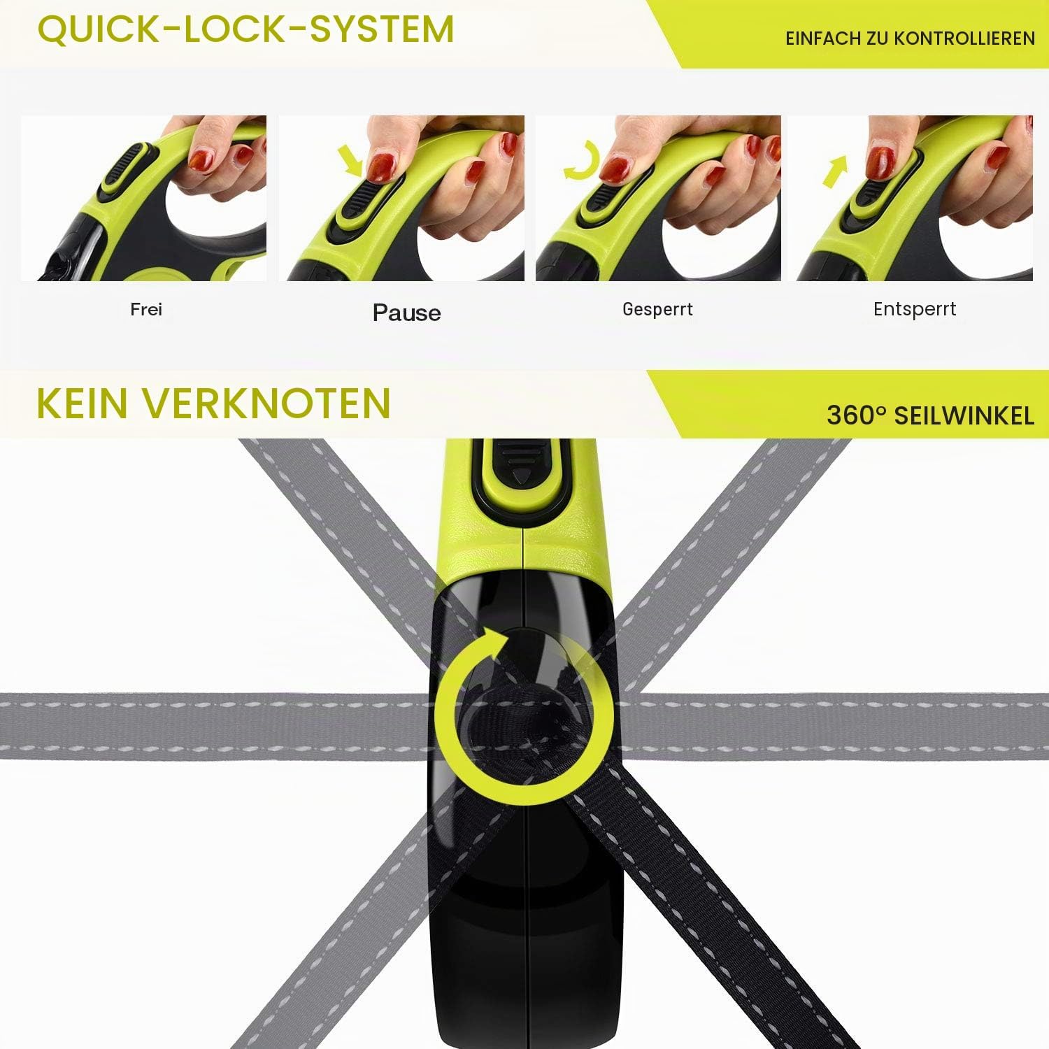 Pecute Rollleine 5m-8m 360° reflektierend Anti-Rutsch Griff Schnellstopp bis 50k