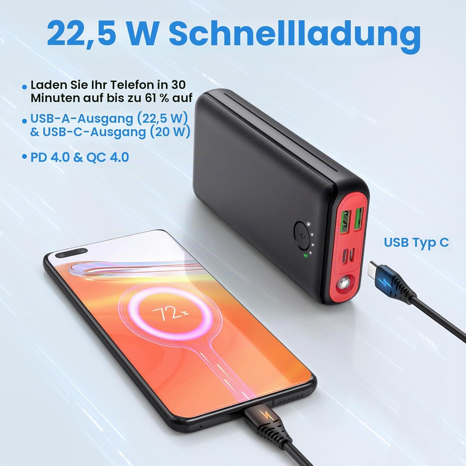Powerbank 27000 mAh 22,5 W Power Delivery PD Schnellladung mit Taschenlampe