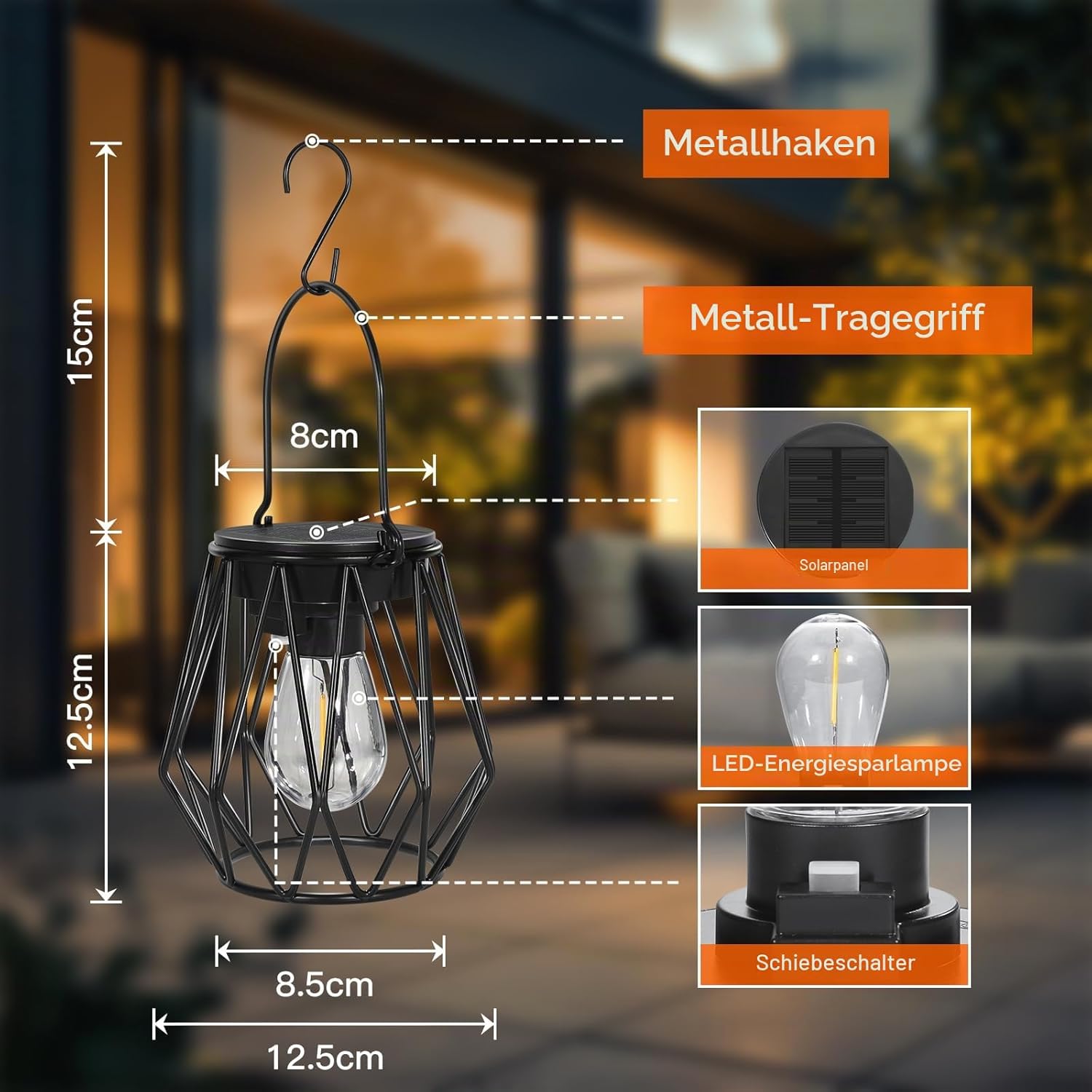 Ketom Solarlampe aussen 2er Set haengend/stehend Metall IP65 Diamant Schwarz