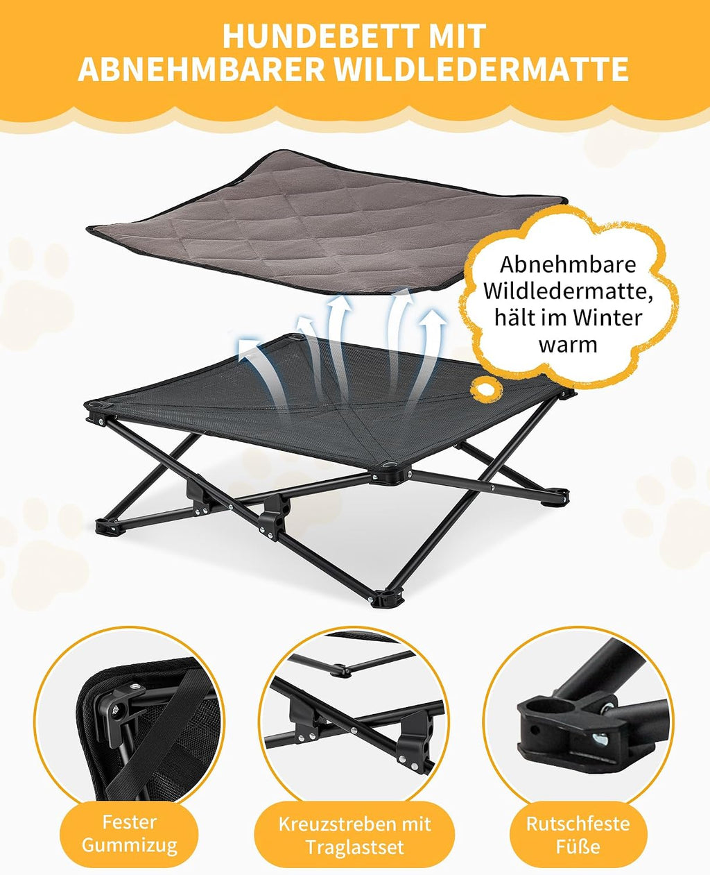 KingCamp erhoehtes Hundebett 77x77x30 cm mit Mesh Wildledermatte rutschfest 23cm