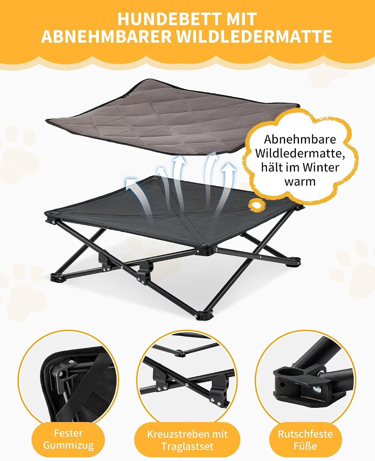KingCamp erhoehtes Hundebett 77x77x30 cm mit Mesh Wildledermatte rutschfest 23cm