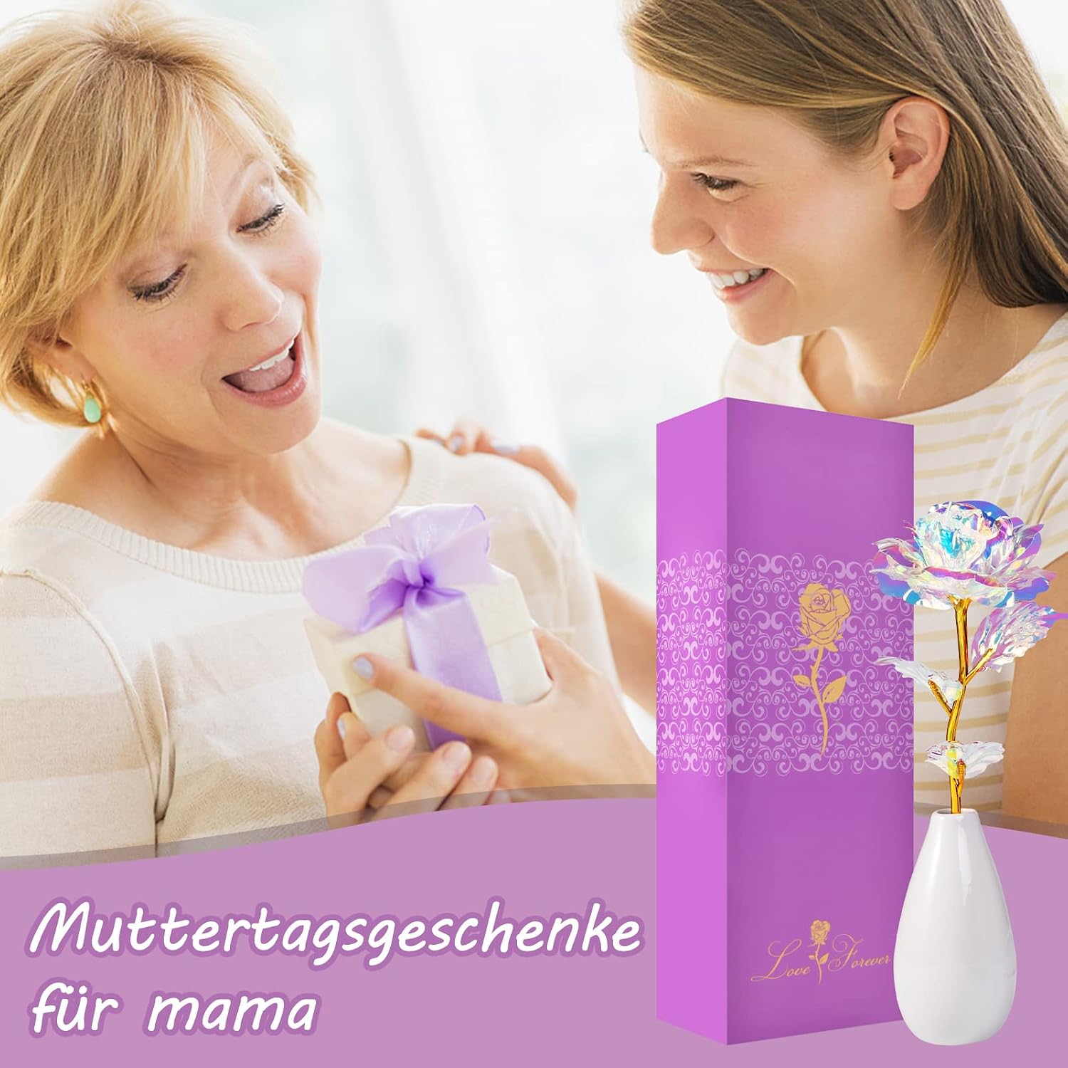 Galaxy Rose mit Vase Geschenk Set Valentinstag Geburtstag Weihnachten