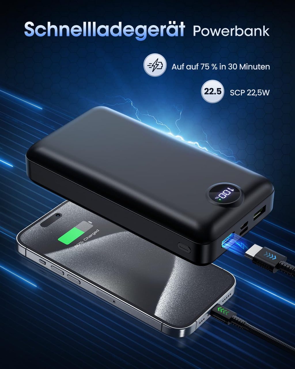 PowerBank 50000 mAh 22,5W USB-C Powerbank 3 Ausgaenge 2 Eingaenge LED Display