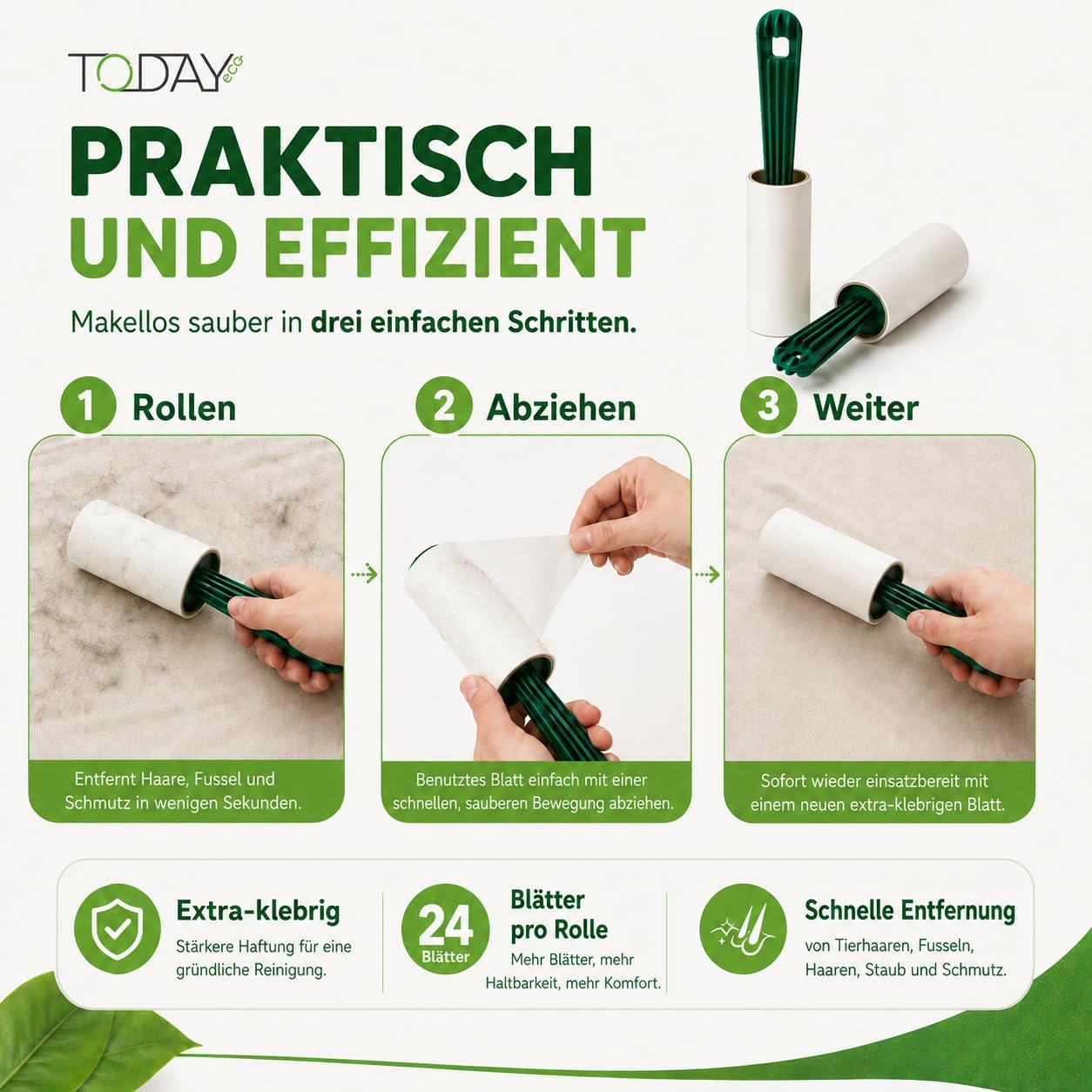 Today Eco Fusselrolle 16 Rollen mit Deckel und 2 Abroller 95% recyceltes Materia
