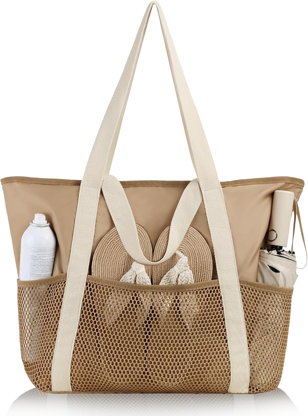 HOMESPON Strandtasche gross mit Reissverschluss, wasserabweisend, Netzfach