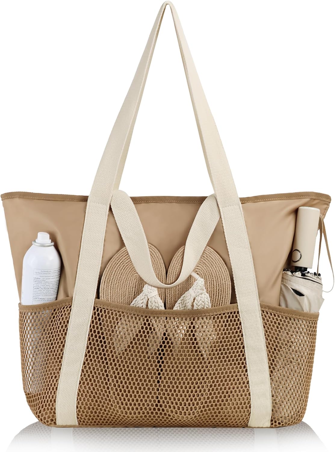 HOMESPON Strandtasche gross mit Reissverschluss, wasserabweisend, Netzfach
