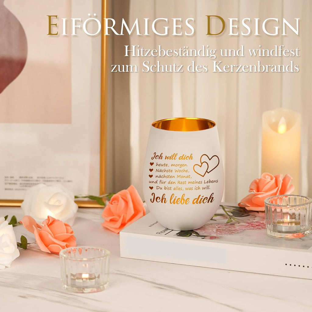 Teelichthalter Weiss mit Schrift "Ich liebe dich" Geschenk fuer Partnerin