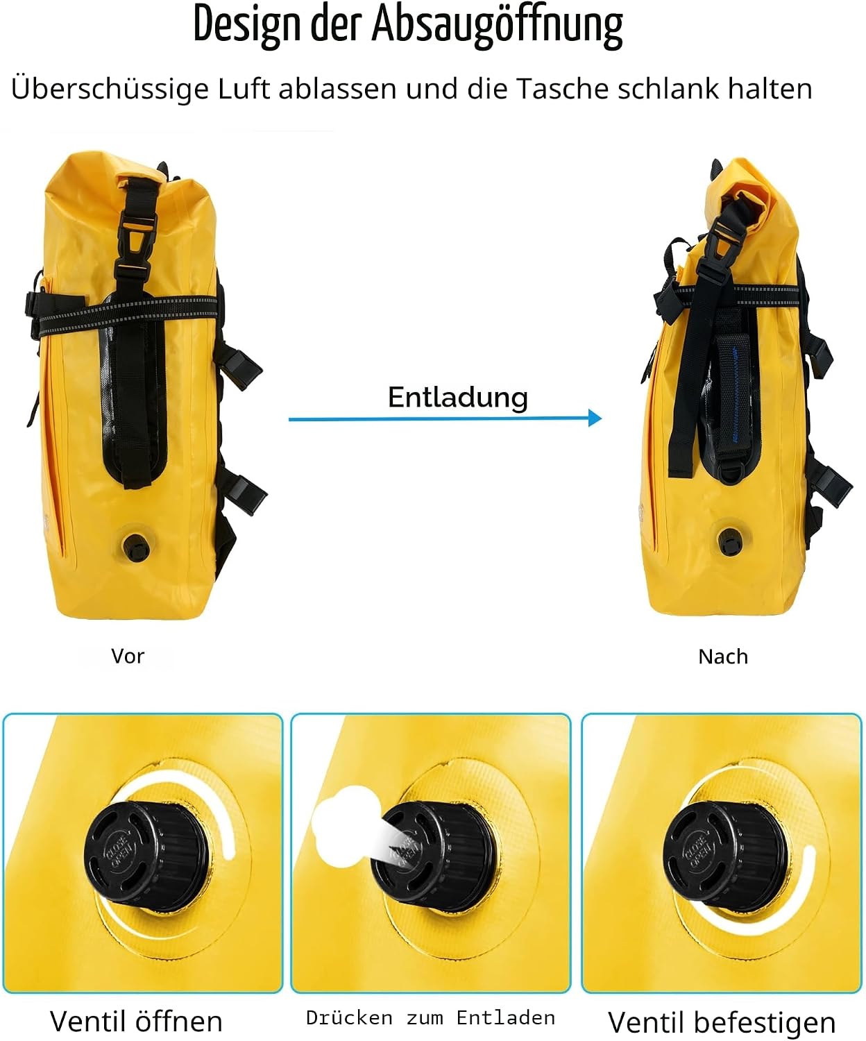 wasserdichter Drybag Rucksack mit Rollverschluss Unisex Gelb