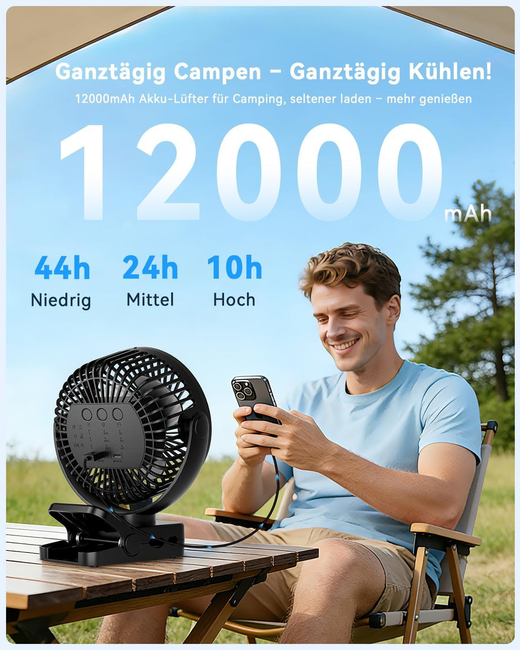 USB Tischventilator mit 12000mAh Akku, Clip, Fernbedienung, Licht, Timer, 360°