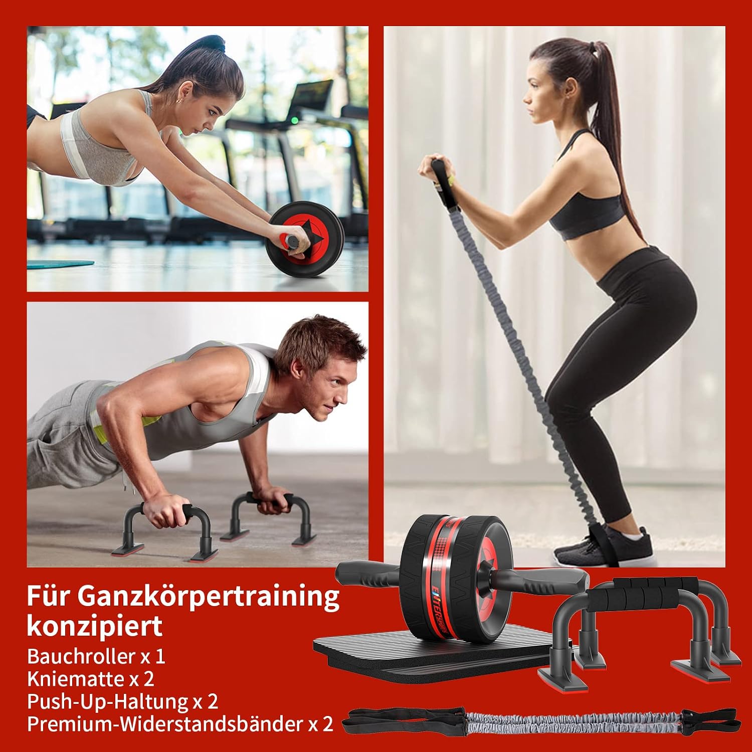 EnterSports Bauchmuskelroller mit zwei Kniematten, Bauchtrainer fuer Zuhause