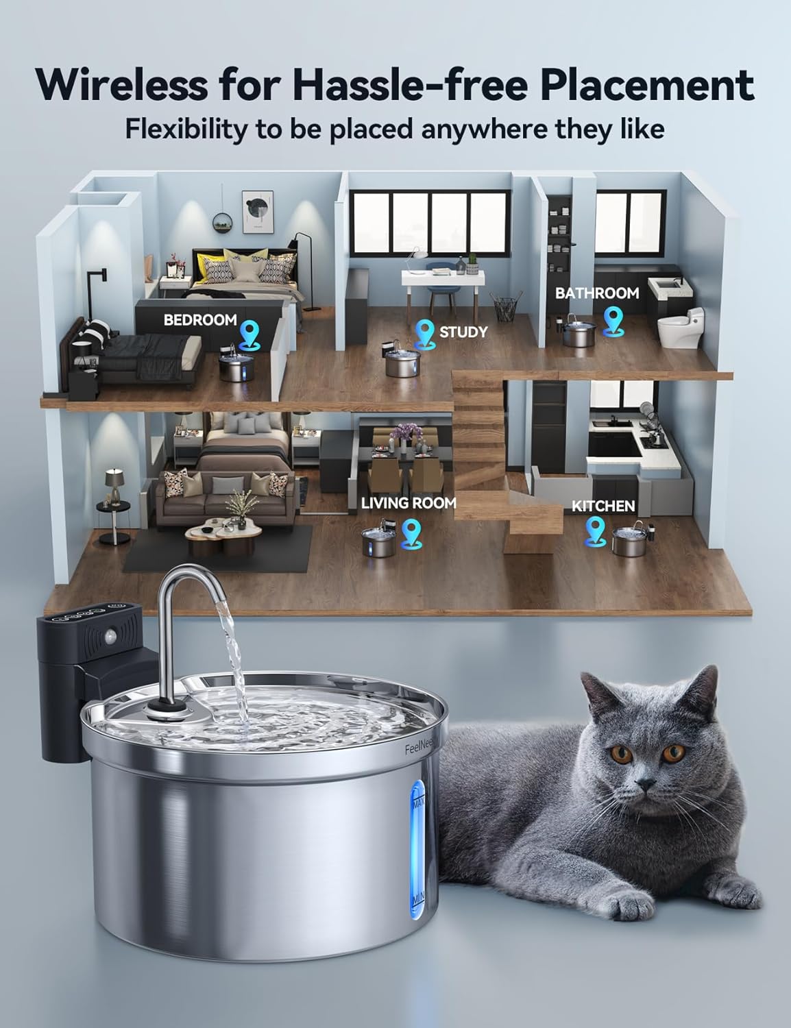FEELNEEDY Katzenbrunnen Akku 4000mAh kabellos Edelstahl mit Sensor und 3 Fi