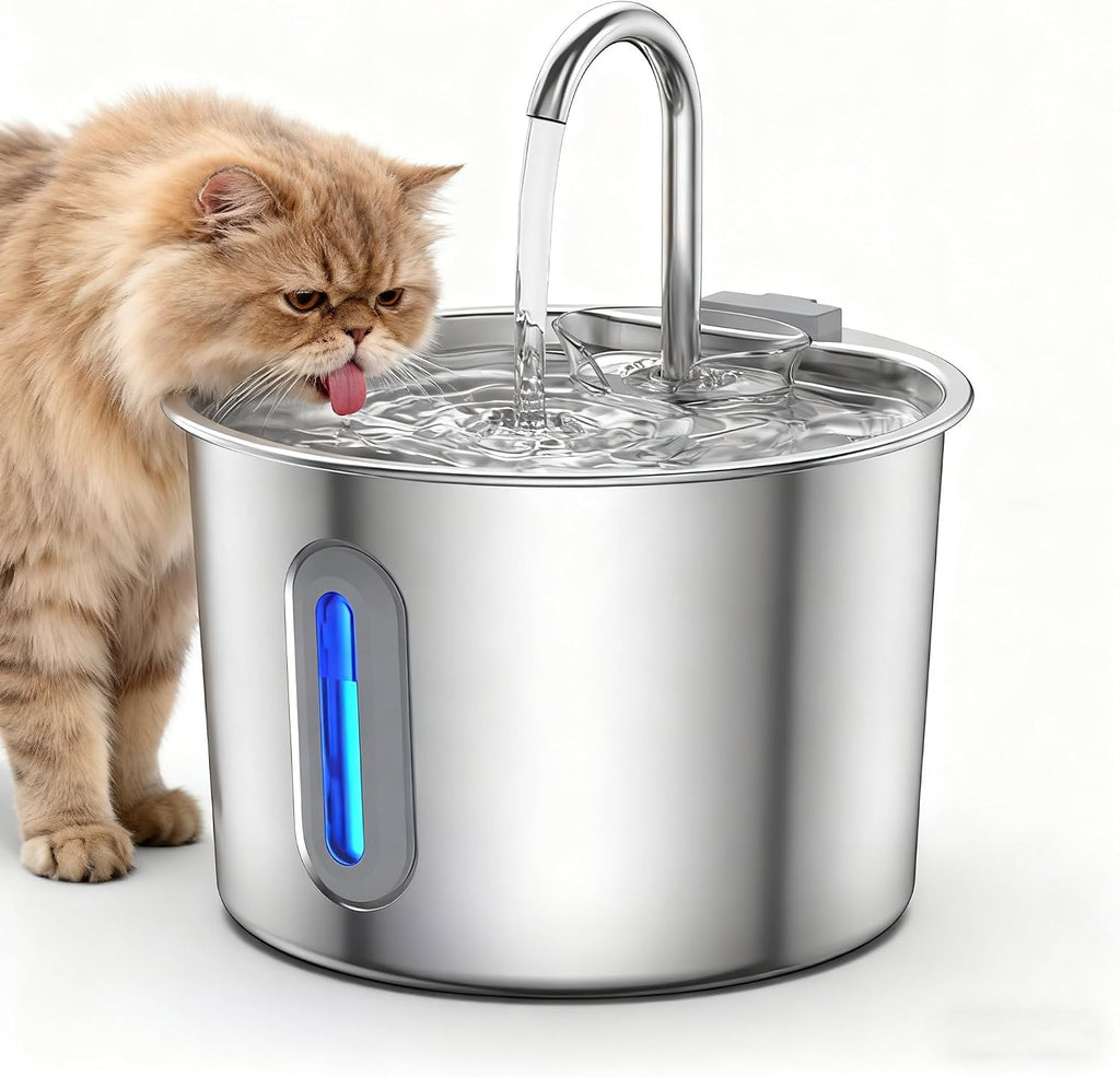 Edelstahl Katzenbrunnen leise Trinkbrunnen mit Wasserstandsfenster LED