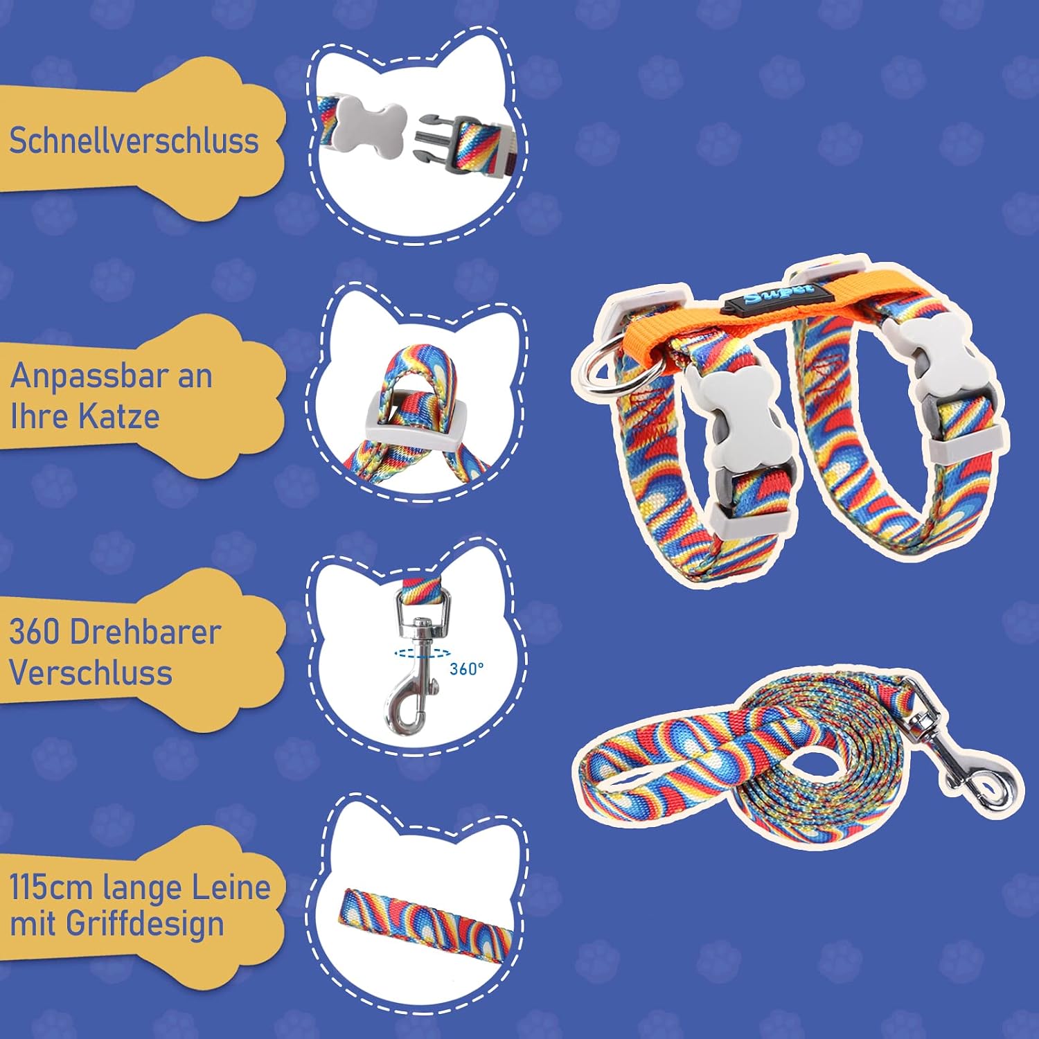 Supet Katzengeschirr verstellbar 33cm-53,3cm ausbruchsicher Weste mit Leine