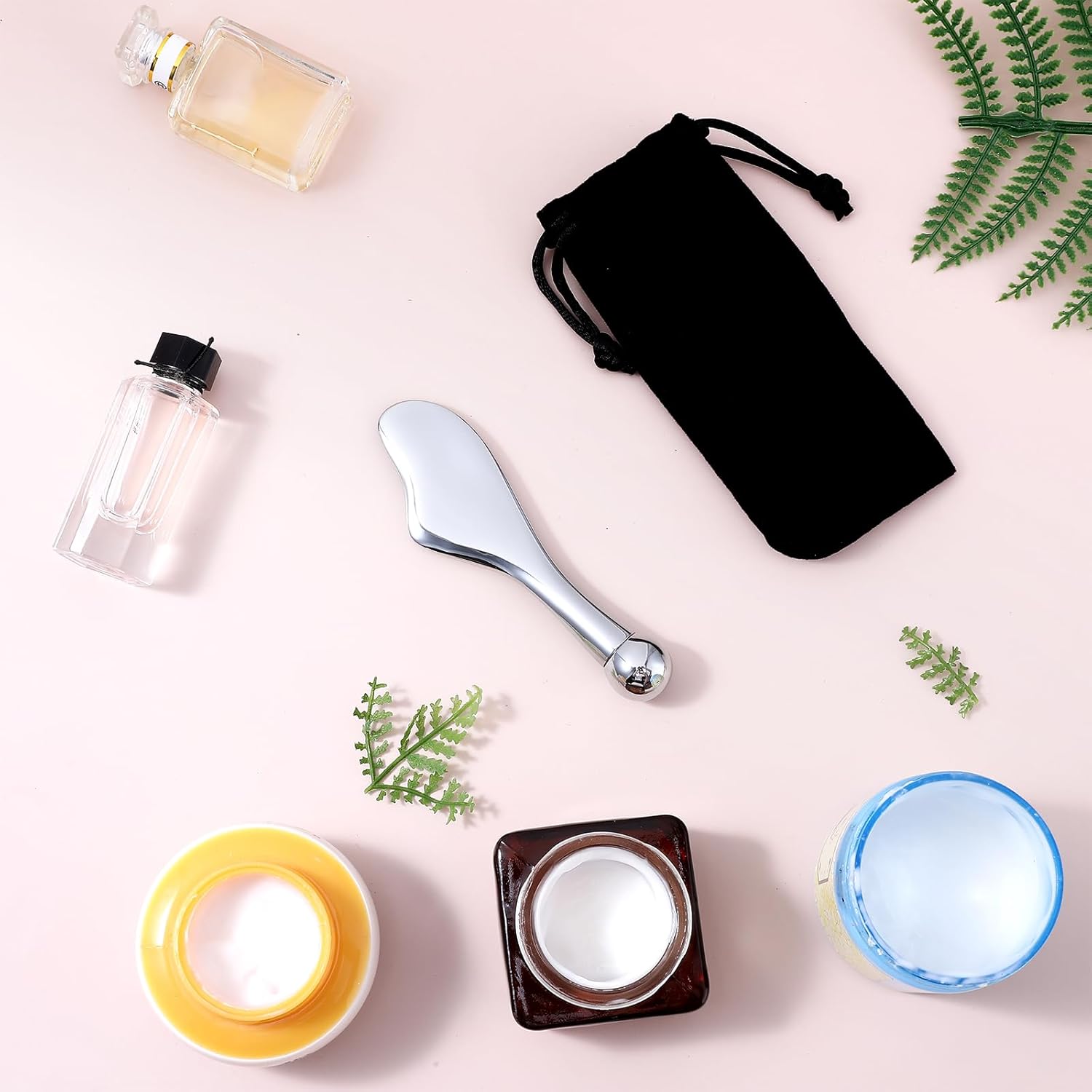 Edelstahl Gua Sha 2‑in‑1 Gesichtsschaber mit Augenroller Massagegeraet
