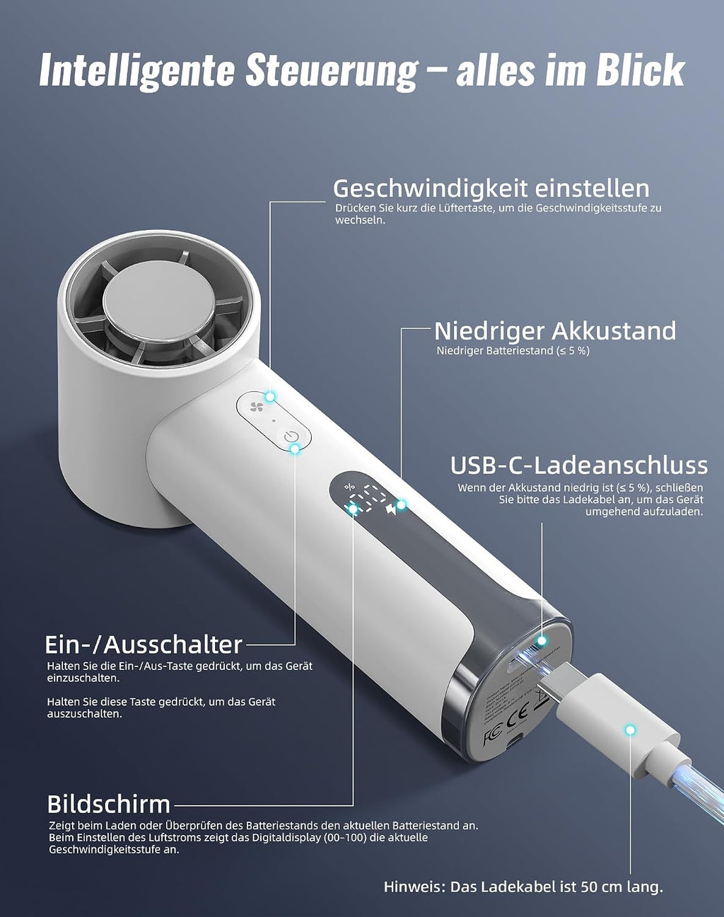 Handventilator Mini wiederaufladbar USB schwarz - Tragbarer Tischventilator fuer
