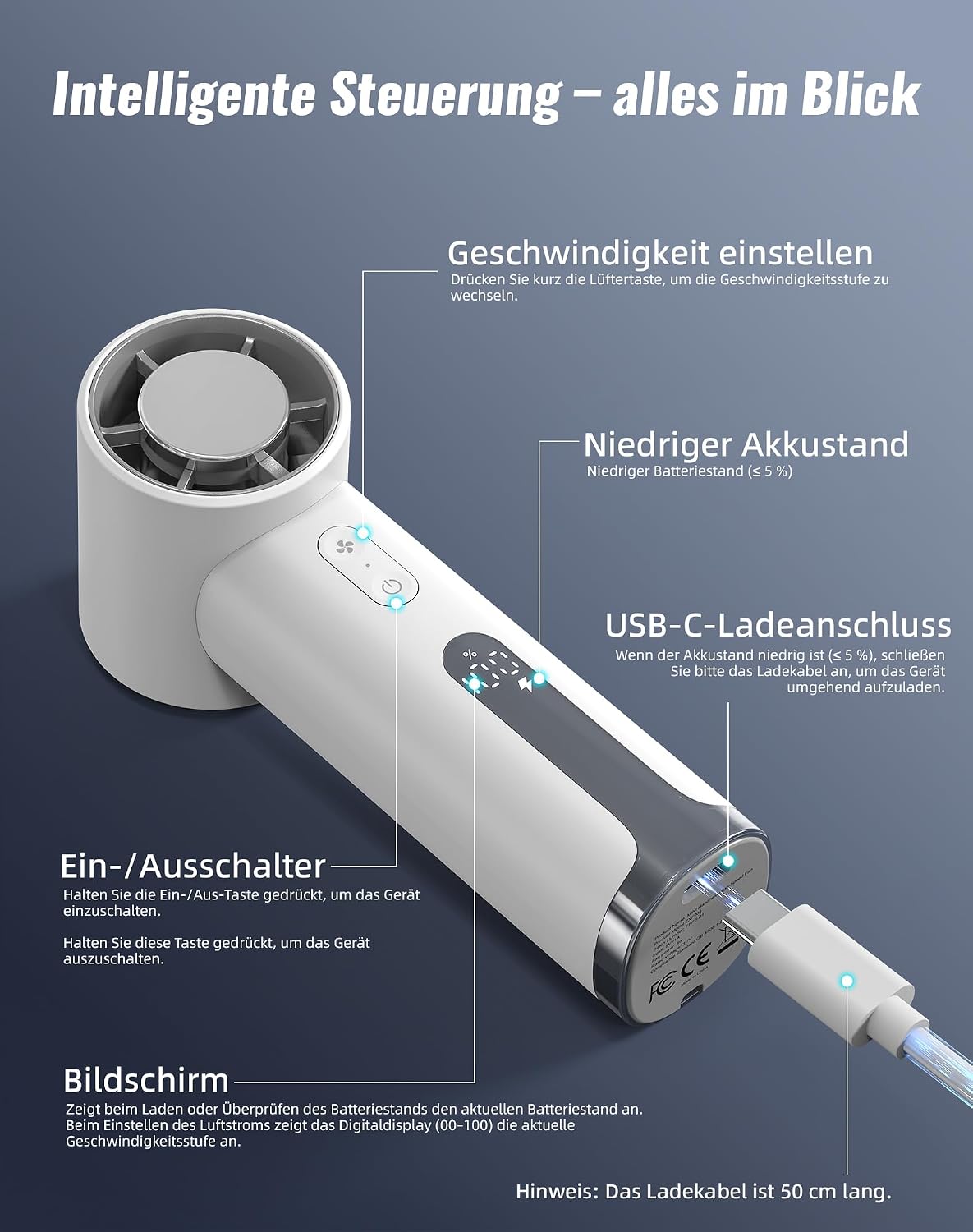 Handventilator Mini wiederaufladbar USB schwarz - Tragbarer Tischventilator fuer