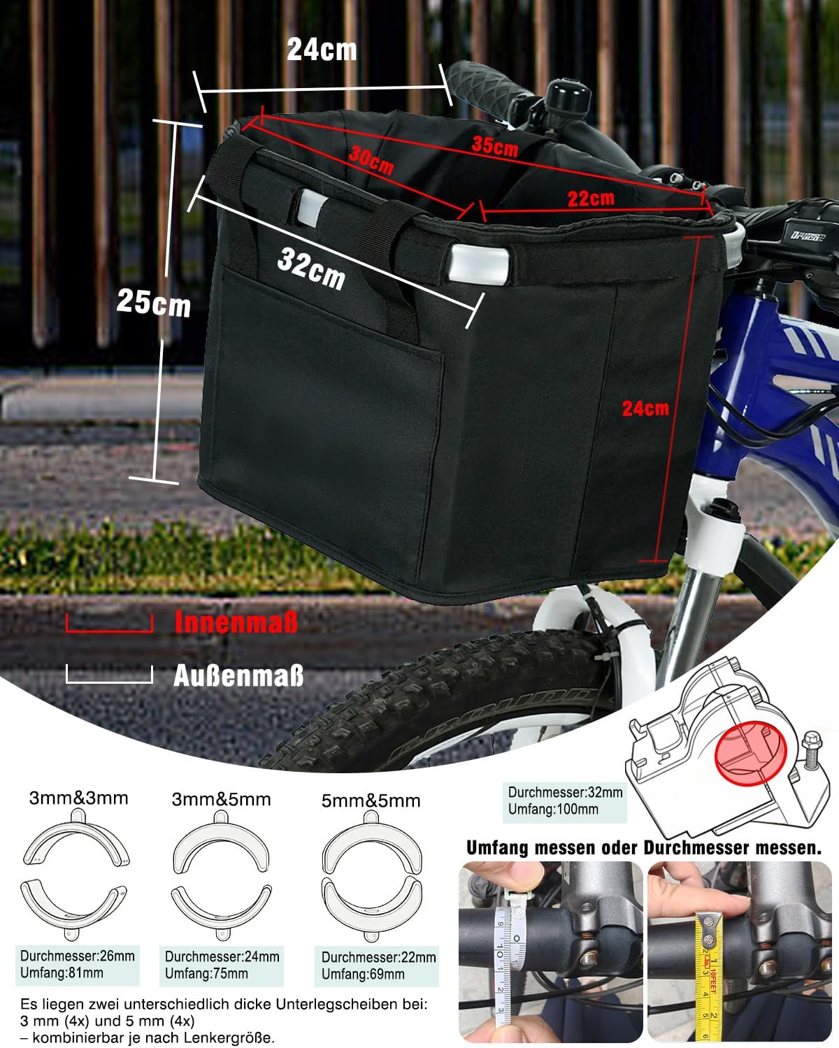 Diurwur Fahrradkorb vorne abnehmbar faltbar wasserfest klein Lenkerkorb