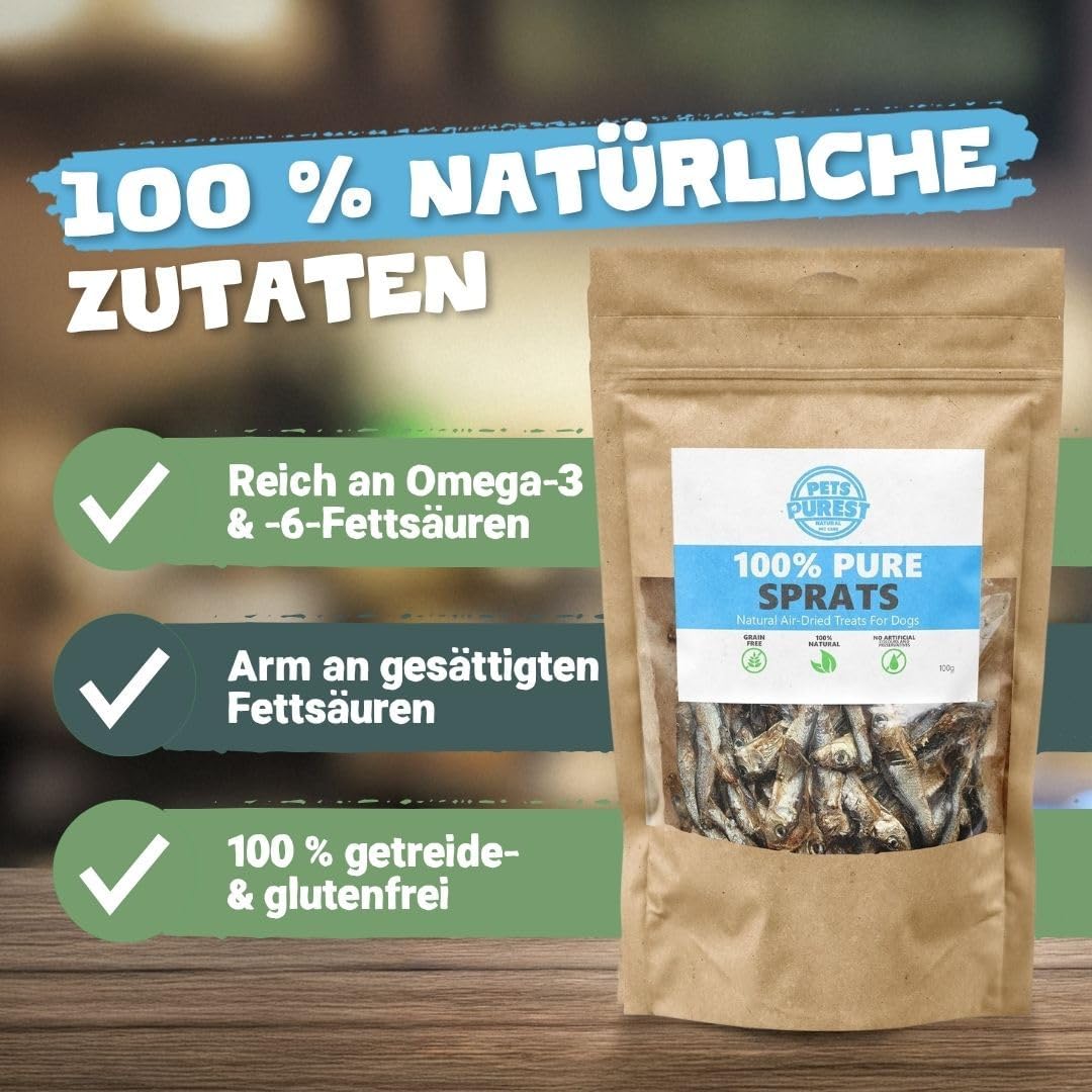 Pets Purest Sprotten 100 g getreidefreier luftgetrockneter Snack für Hund Katze