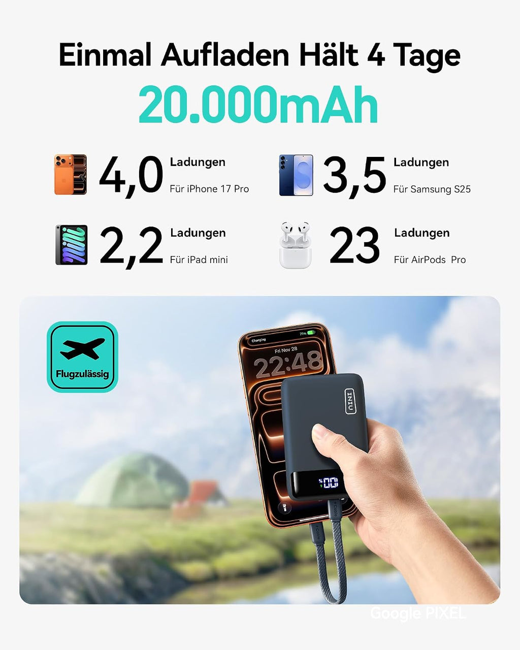 INIU Powerbank 20000 mAh 22.5W mit abnehmbarem USB‑C Kabel, flugtauglich
