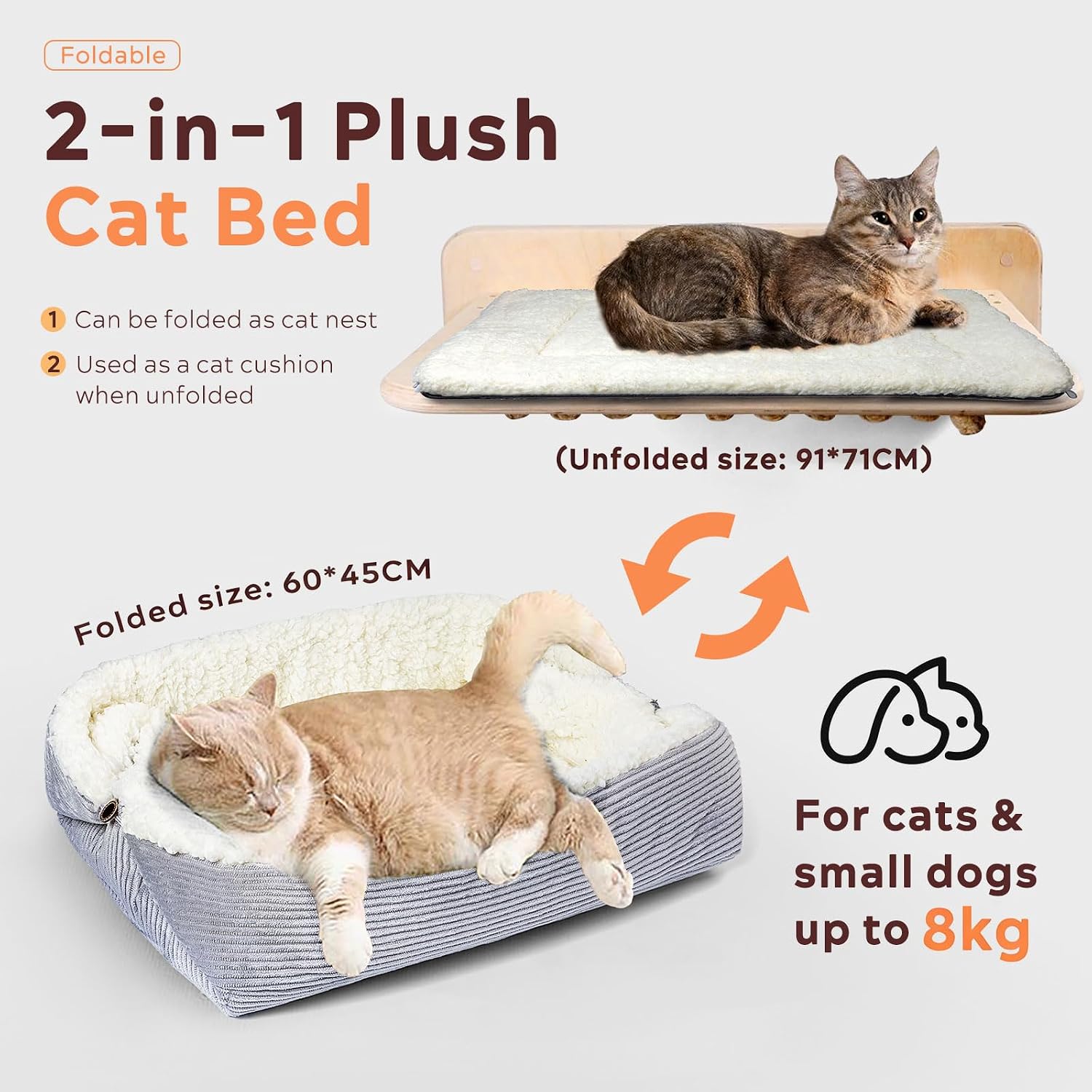 Katzenbett waschbar 42x38 cm Pluesch 2-in-1 Kissen Decke Sofa, entfaltet 61x51 cm