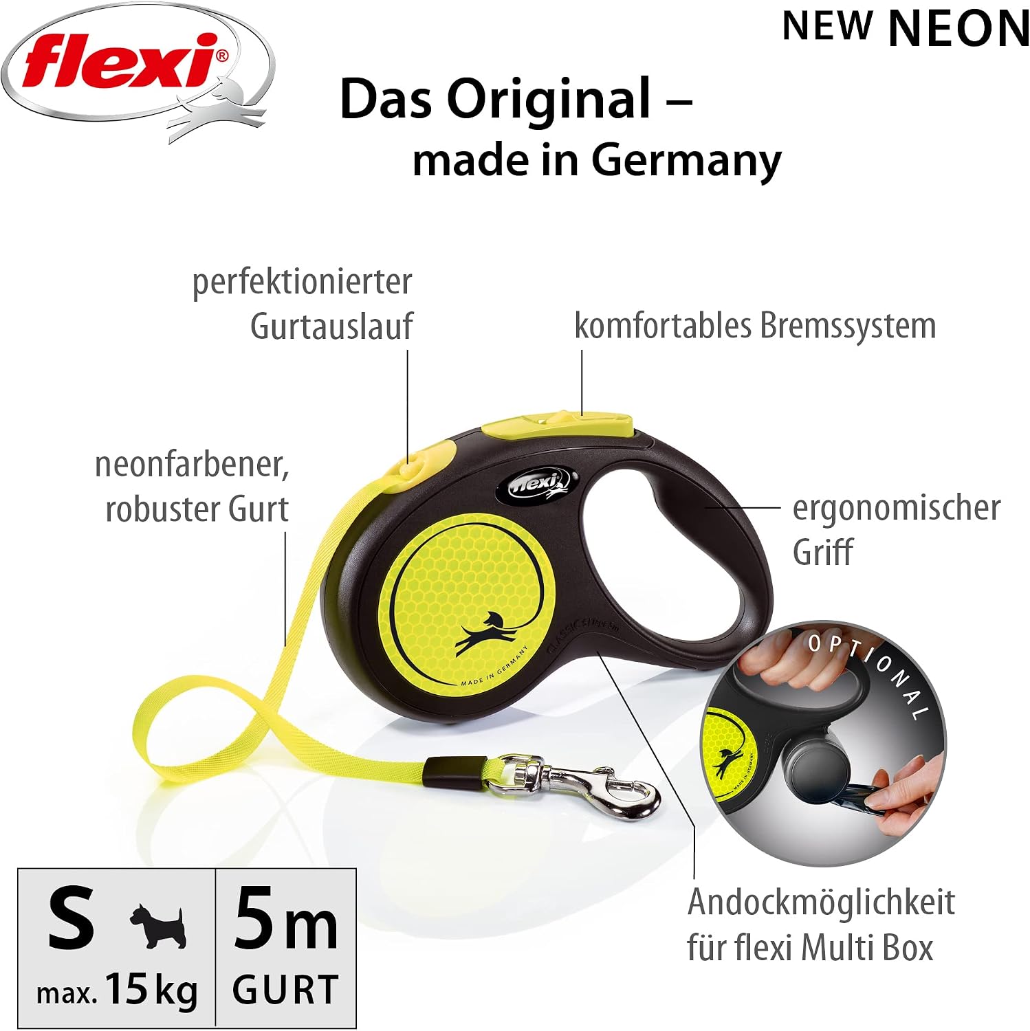 flexi Neon S 5m Roll-Leine schwarz mit neon-gelbem Gurt fuer Hunde bis